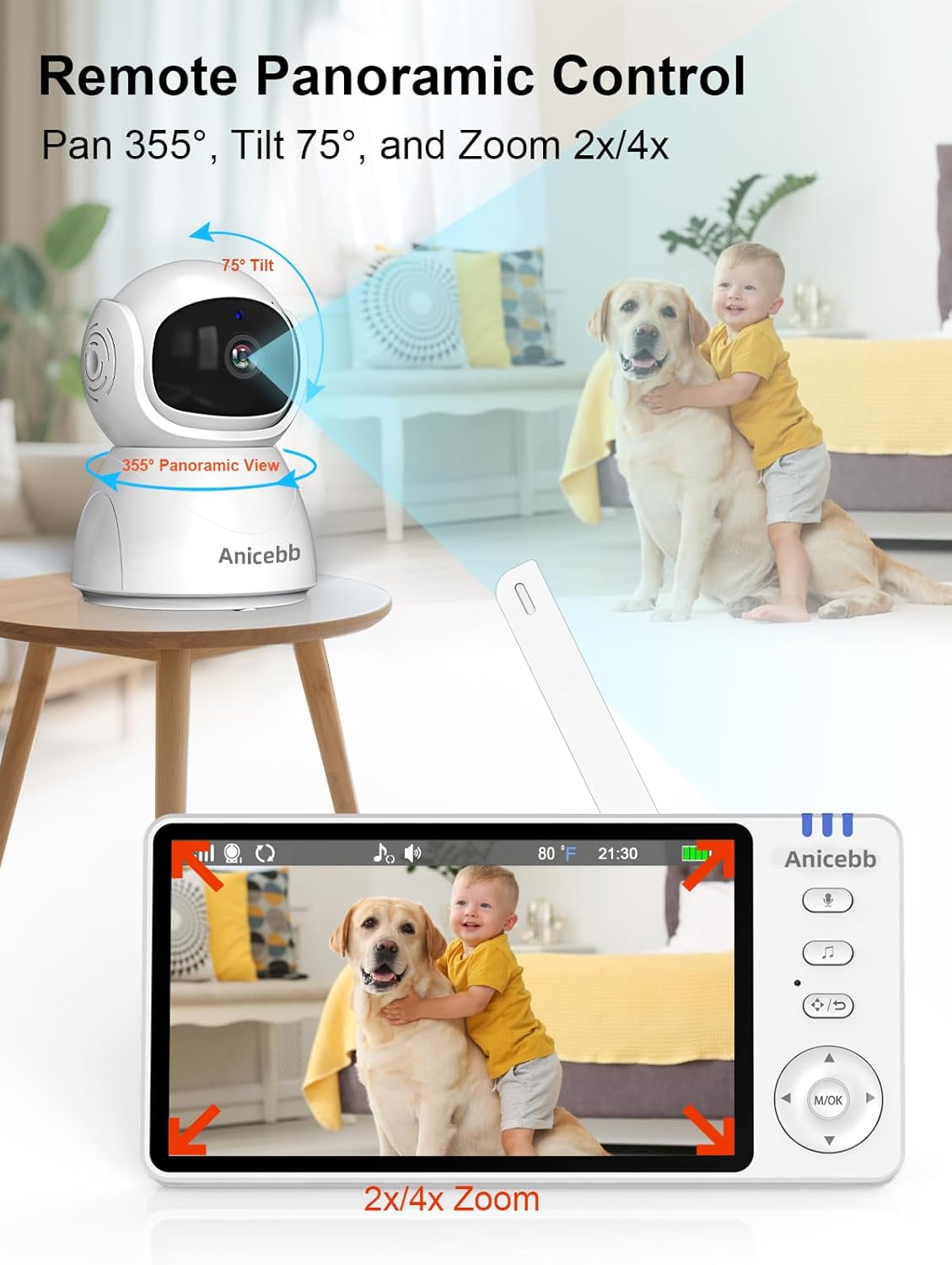 Video Baby Monitor with Camera and Audio, No WiFi Hack-Proof Security, 5" LCD Remote Pan-Tilt-Zoom, 31H Long Battery Life, 1000ft Range, Night Vision, Temperature & Cry Alarms, 2-Way Talk