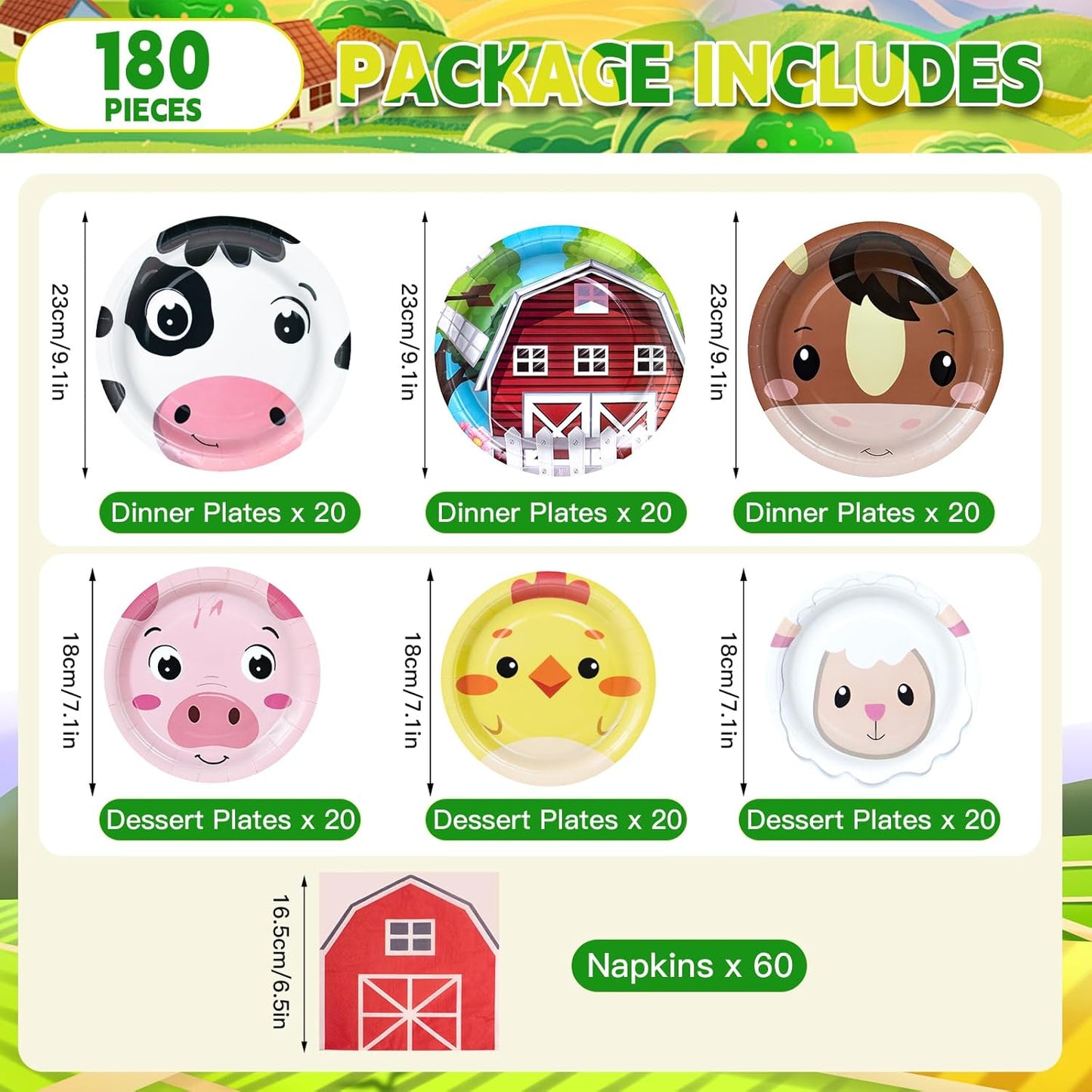180Pcs Farm Animals Party Supplies Paper Plates and Napkins Serve 60 Disposable Tableware Set for Birthday Party Decorations Game Day Family Holiday Sports Events