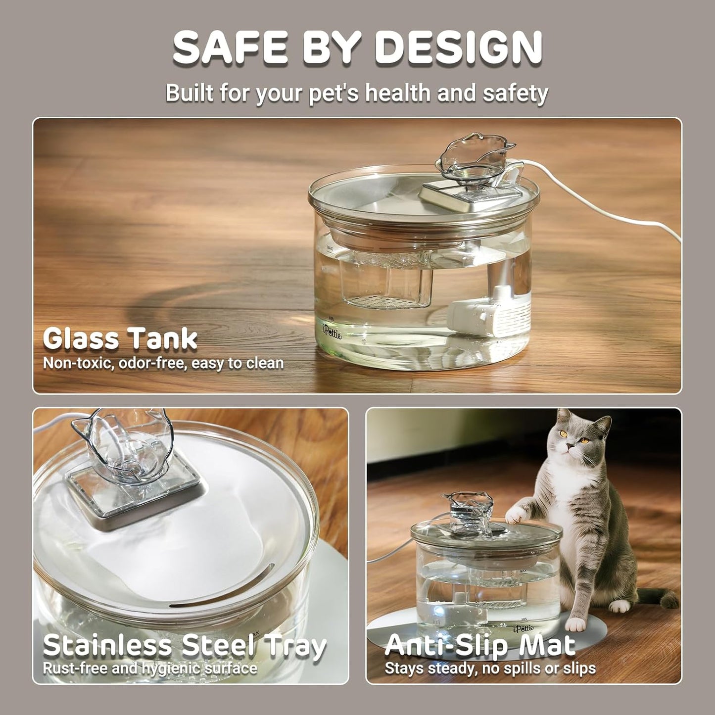 iPettie Glass Cat Water Fountain, Kitty Spout Water Fountain 68oz/2L for Cats Dogs with 2 Spray Heads, 3-Stage Filtration, Automatic Water Dispenser, Glass & Stainless Steel