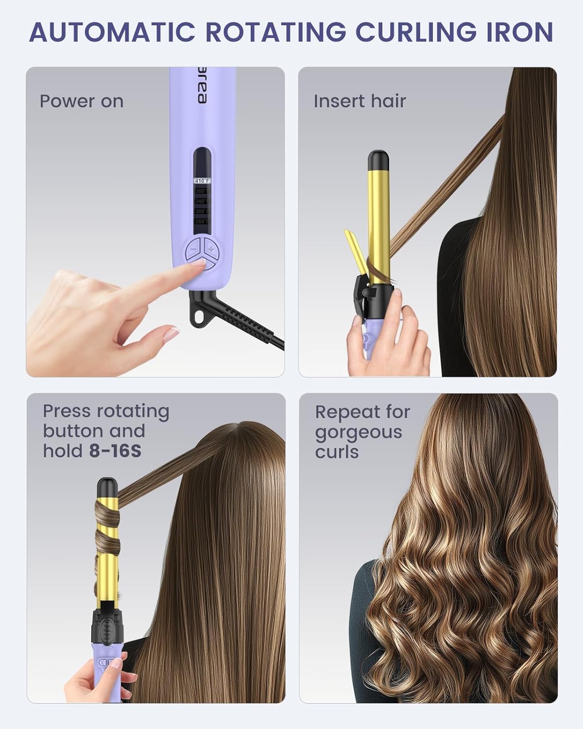 Rotating Curling Iron Set for Long Hair, Automatic Curling Wand Easy to Use Get Beach Waves 3 Interchangeable Ceramic Barrels 0.75" 1" 1.25", 5 Heat Settings up to 430°F, Dual Voltage