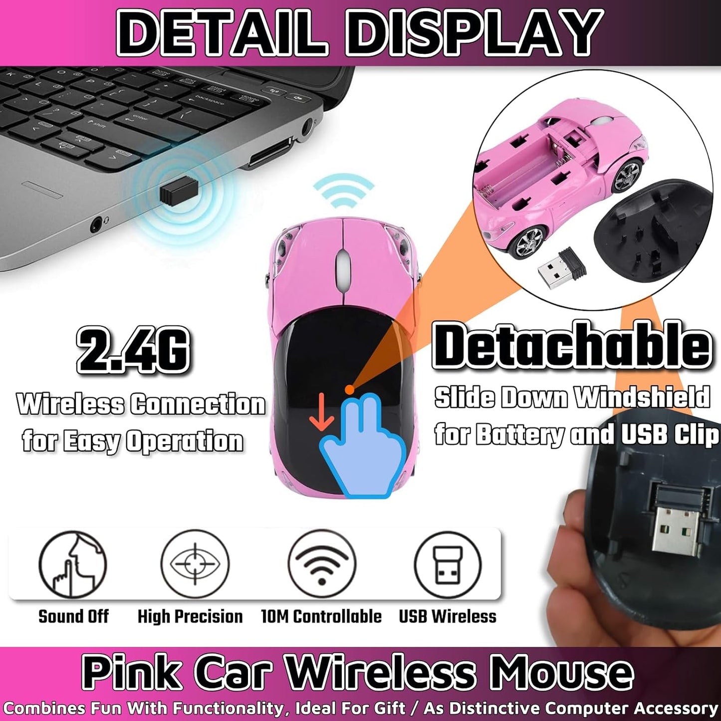 Pink Wireless Car Mouse - 2.4G Wireless with USB Receiver, Optical Mouse for PC, Laptop, Tablet - Win XP/Vista/7/ME/2000/Mac OS Pink Mouse for Her for Christmas