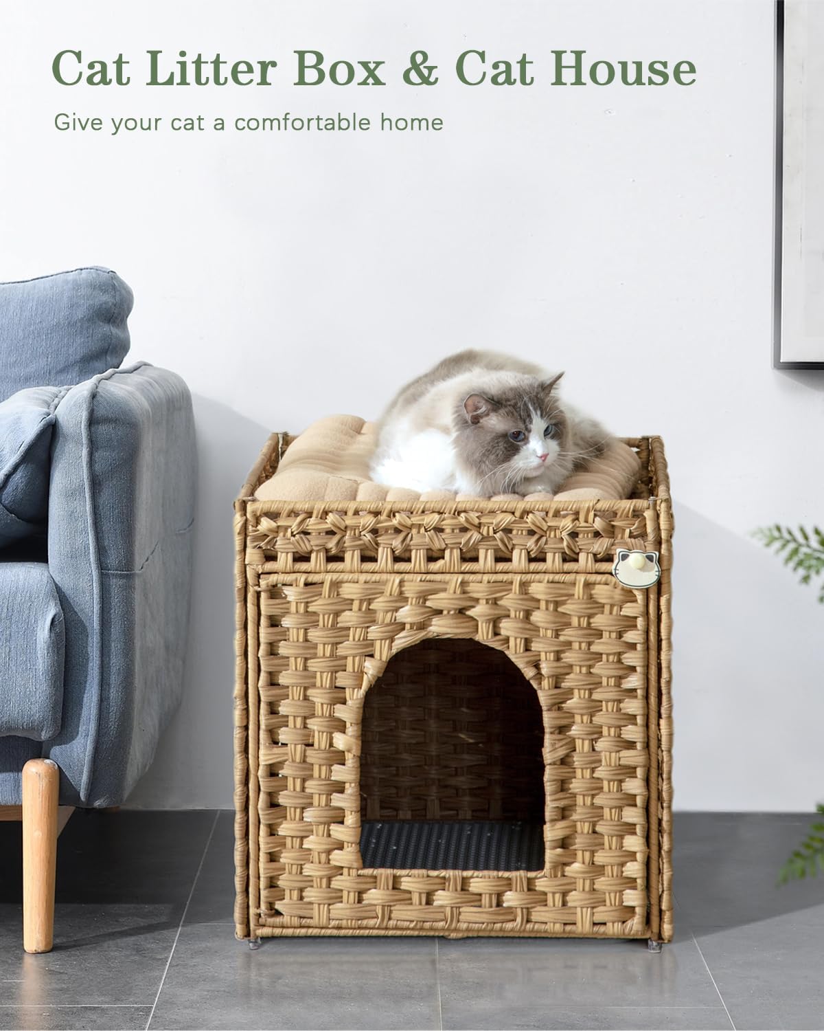Cat Litter Box Enclosure Furniture, Hidden Litter Box with Mat and Fence, Handwoven Rattan Cat House with Two S-Shaped Hooks for Living Room, Bedroom, 18.5 x 20.5 x 19.1 Inches (Natural)