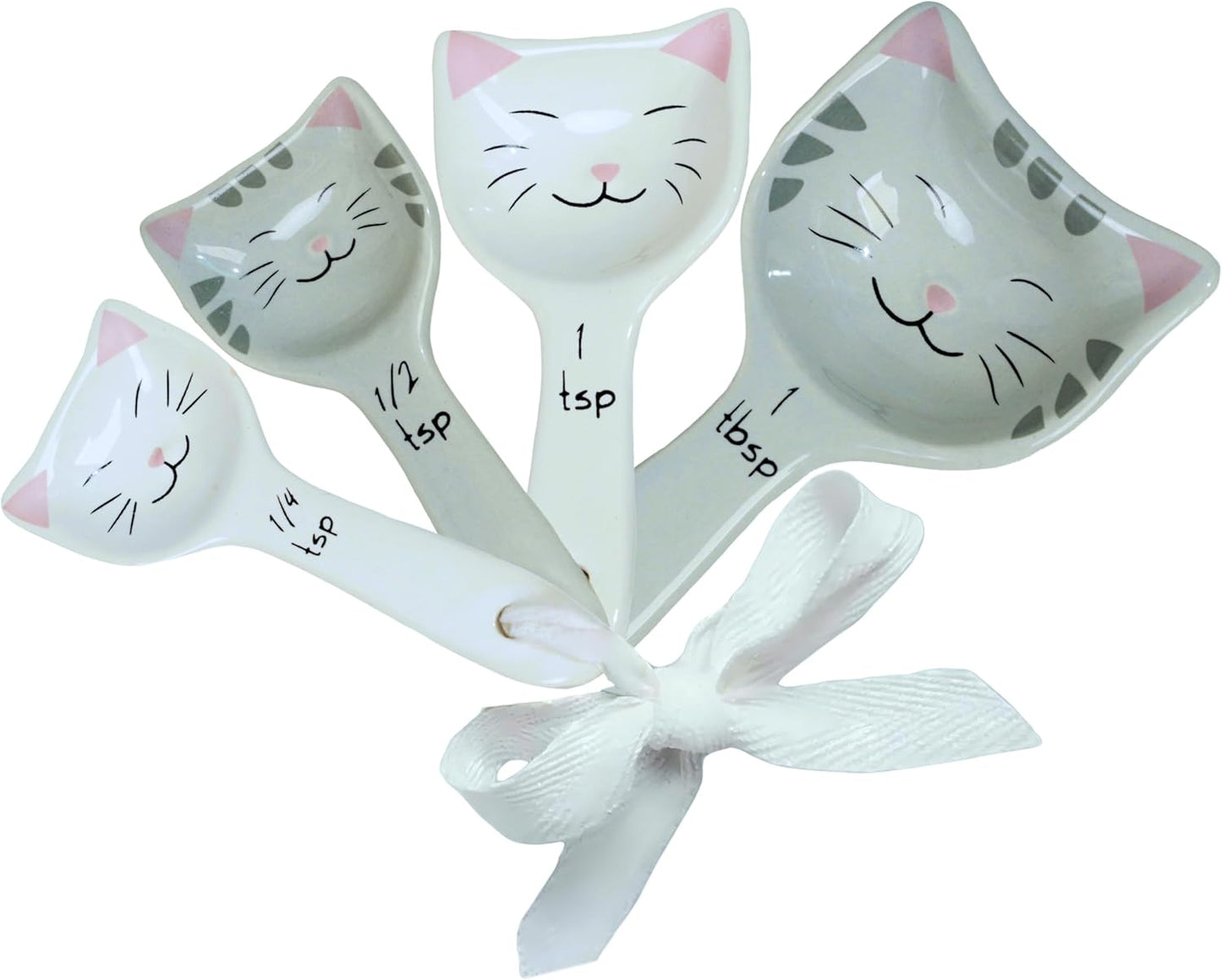 Cute Cat Measuring Spoons Set with Ribbon, Cute Cat Gifts for Women, Cat Themed Kitchen Accessories for Cat Baking Supplies, Ceramic Measuring Spoons for Cat Lover, Baking Gifts for Women (Set of 5)