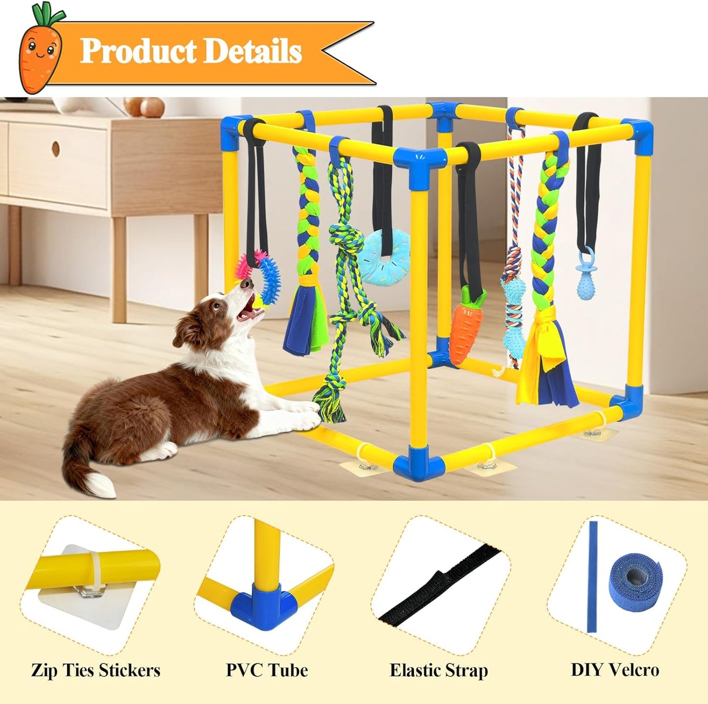Puppy Play Gym with 8 Hanging Toys for Teething &Chewing, Interactive Activity Center for Small Dogs to Relieve Boredom & Anxiety, Indoor Enrichment Toys to Keep Them Busy (Square)