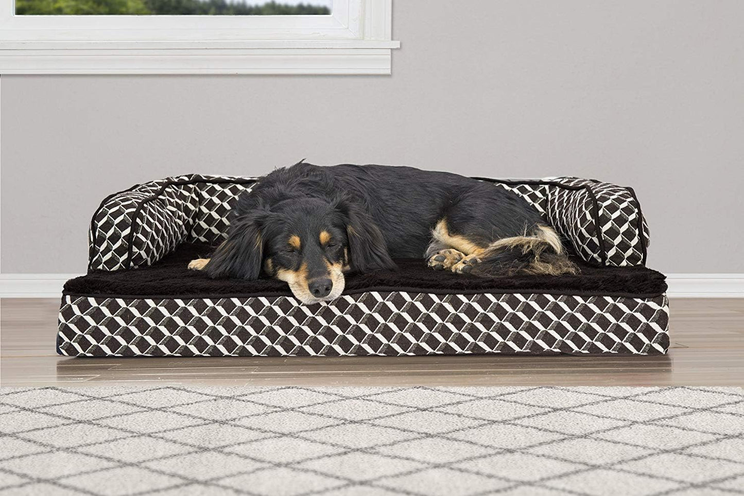 Furhaven Orthopedic Dog Bed for Medium/Small Dogs w/ Removable Bolsters & Washable Cover, For Dogs Up to 35 lbs - Plush & Woven Decor Comfy Couch Sofa - Diamond Brown, Medium