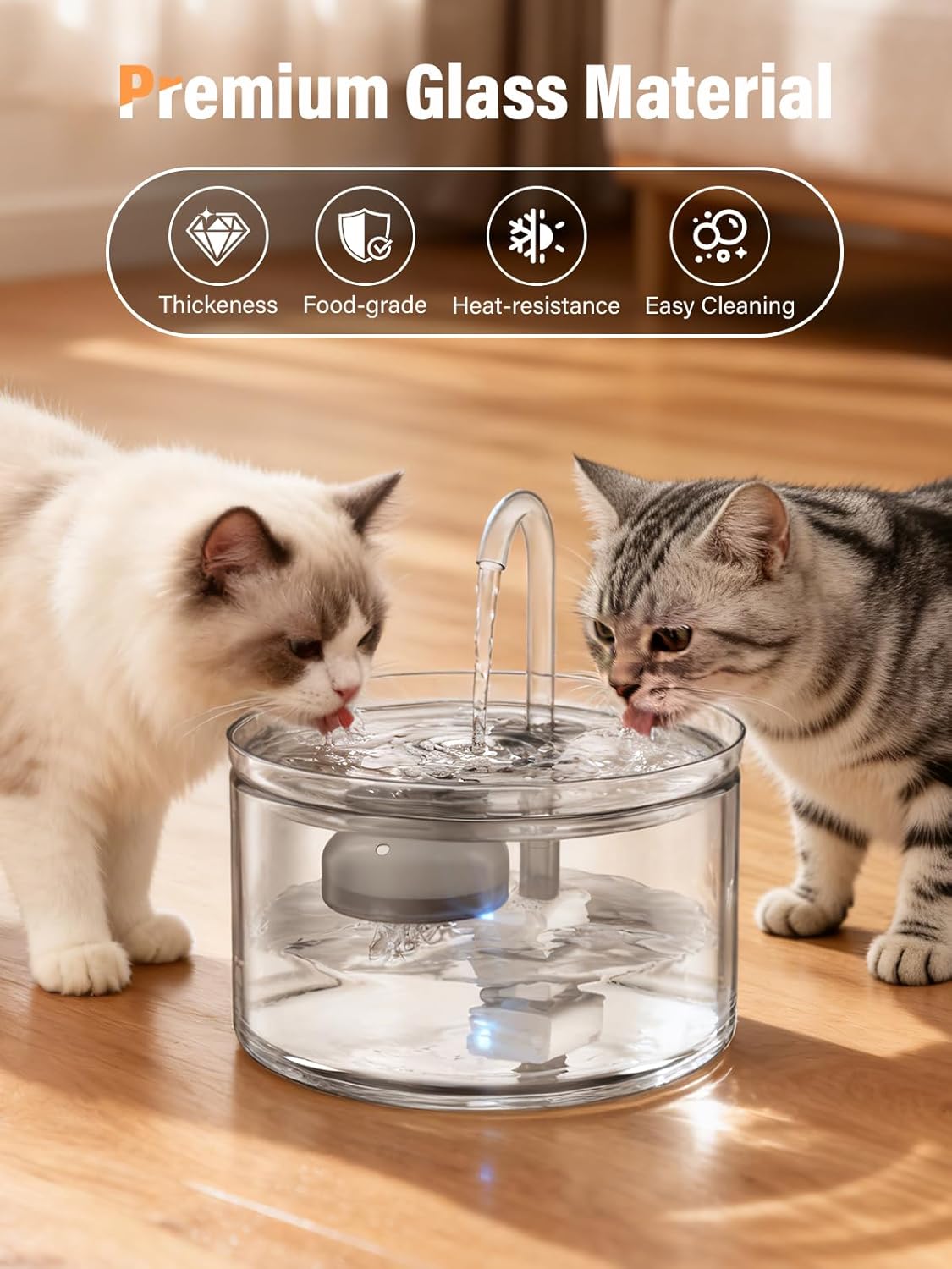 Cat Water Fountain, 74oz/2.2L Glass Automatic Water Fountain with Ultra-Quiet Auto Shut-Off Pump, Easy to Clean Pet Water Dispenser for Cats, Kittens Indoor (with 8 Filters)