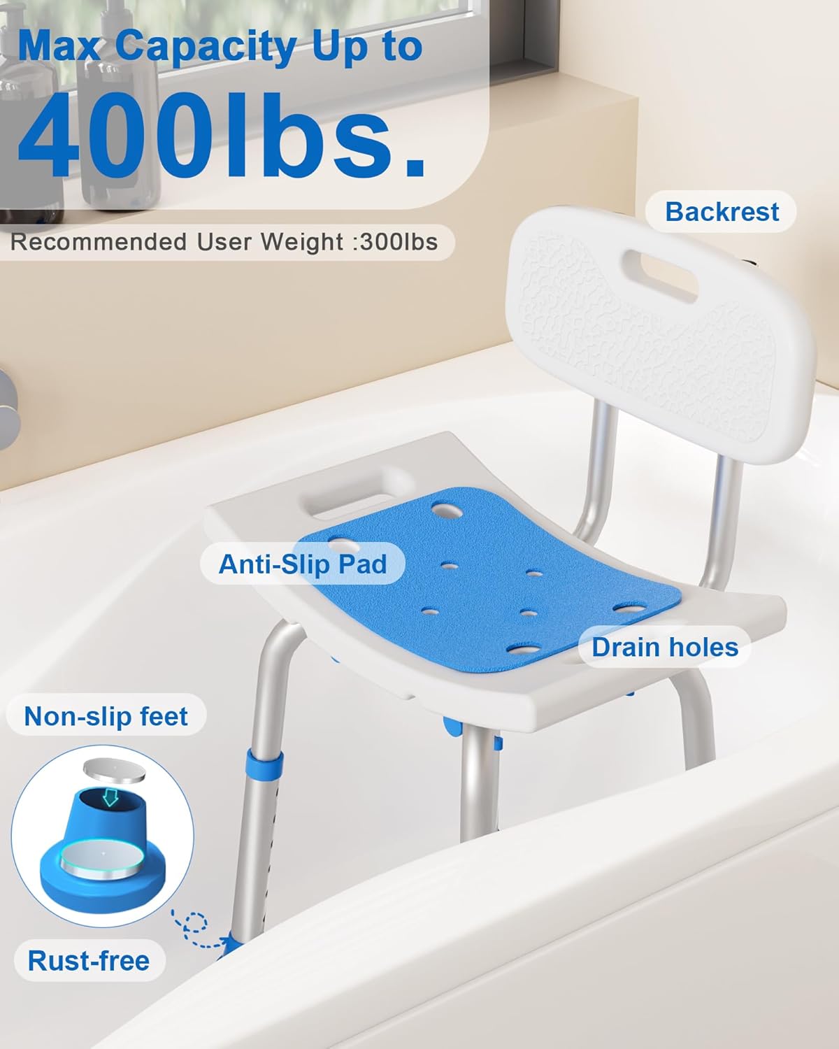 HOMLAND Shower Chair for Inside Shower with Removable Back, 400 lbs Heavy Duty Bath Seat for Bathtub, Safety Bath Stool for Seniors and Disabled