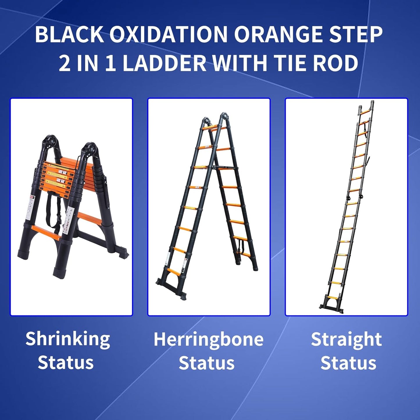 JADDUO Telescoping Ladder A Frame,12.5 Ft Compact Aluminum Extension Ladder,Portable Telescopic RV Ladder for Outdoor Camper Trips Motorhome with Tool Platform and Stabilizer Bar 330 lbs, Black Orange