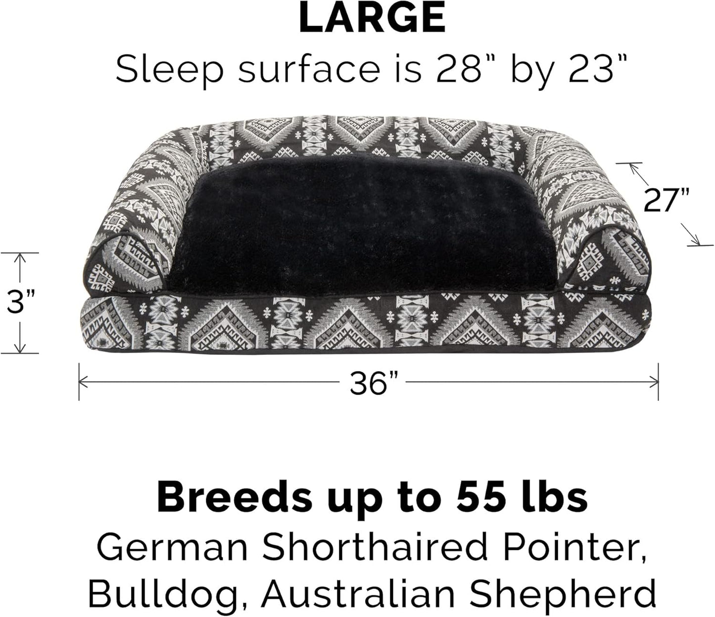 Furhaven Pillow Dog Bed for Large/Medium Dogs w/ Removable Bolsters & Washable Cover - Plush & Southwest Kilim Woven Decor Sofa - Black Medallion, Large