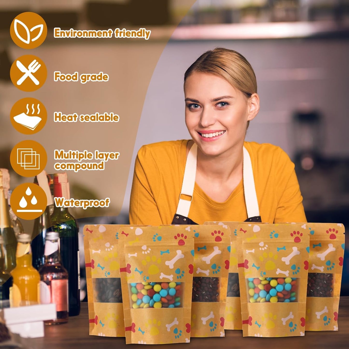 200 Pcs Paw Dog Treat Bags Puppy Party Favor 3.5" x 5.5" Paw Gift Bag Resealable Stand up Kraft Paper Zipper Pouch Dogs Packaging for Homemade Treats, Food-safe Material