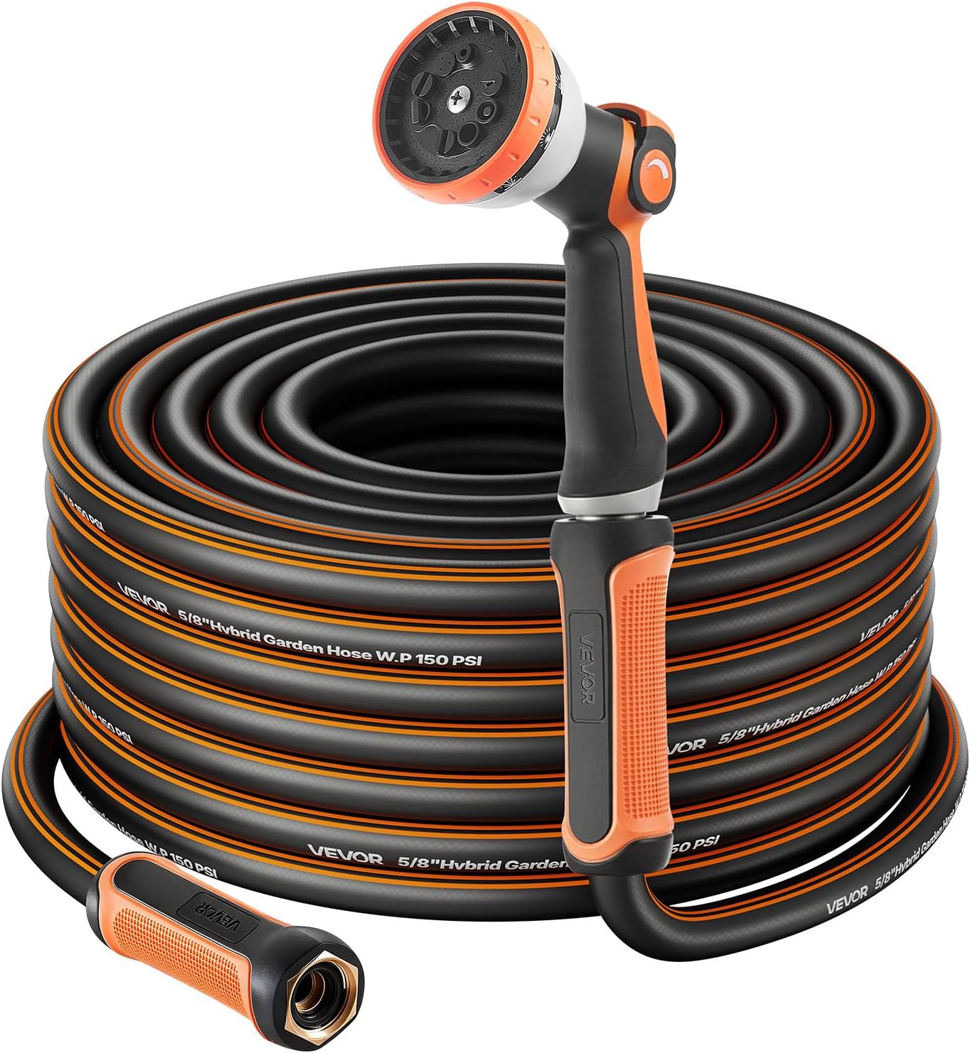 VEVOR Garden Hose, 200 ft 5/8" Heavy Duty Rubber Water Hose with 10 Mode Nozzle, 150PSI Working & 600PSI Burst, Flexible & Non-kink Outdoor Waterhose with 3/4" Fitting, Lightweight Hoses for Gardening