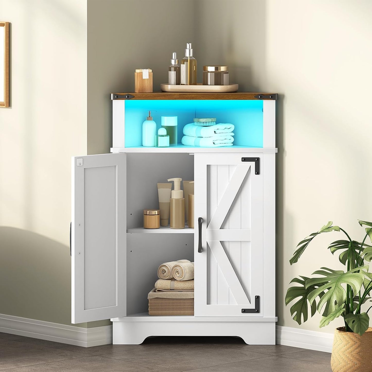 HOOBRO Farmhouse Corner Cabinet, Small Corner Storage Cabinet with Lights, Wooden Corner Cabinet with Doors and Adjustable Shelves, for Bathroom, Living Room, Kitchen, White and Walnut WH119DCJ01