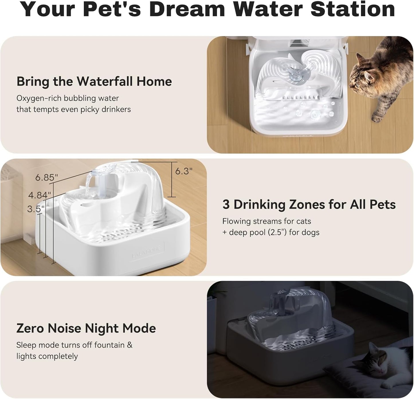 Cat Water Fountain Replacement Compatible with DailyFresh RealFountain Water Bowel 3-Stage Design for Multi Pets Dog Smart Water Dispenser for Drinking DC-in 2L/67oz