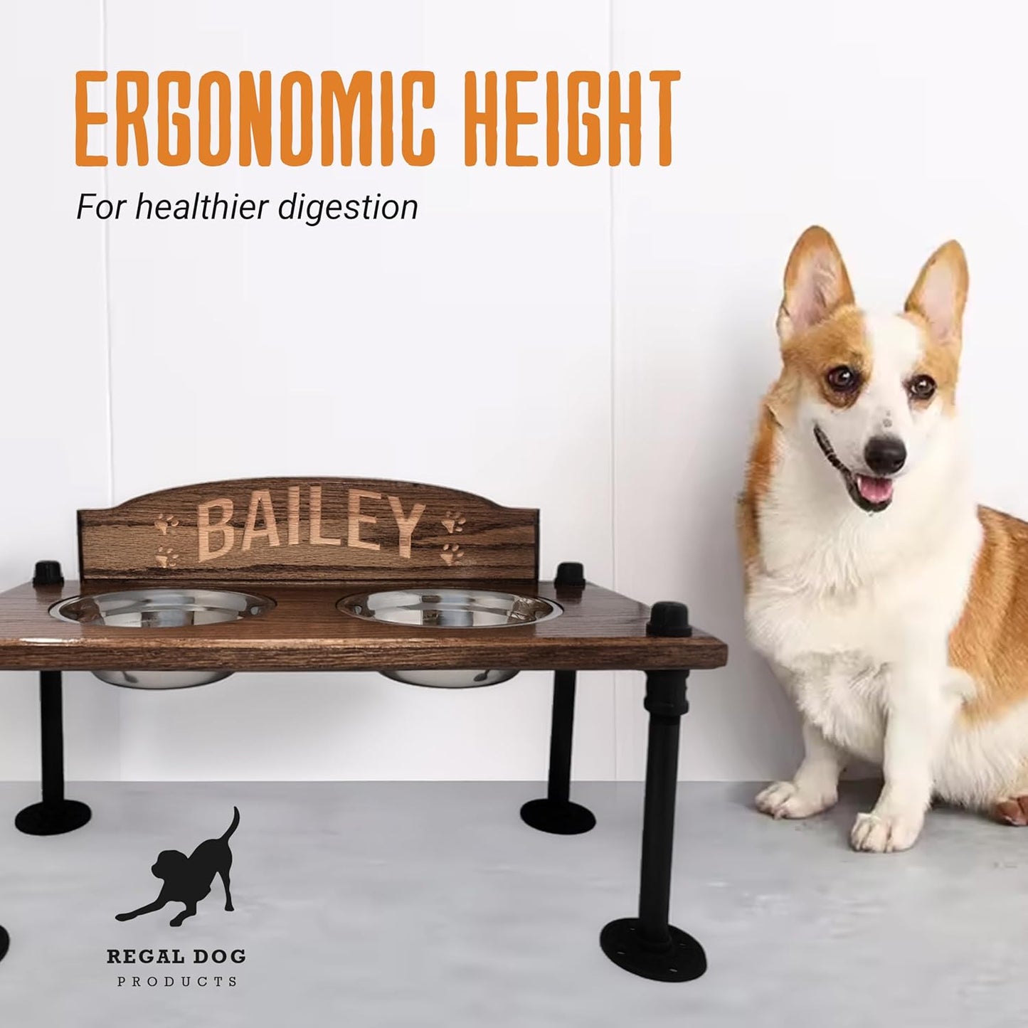 Elevated Dog Bowl Stand with Stainless Steel Bowls | Raised Dog Feeder | Oak Wood with Industrial Pipe Legs | Waterproof Finish | Handmade in USA (No Backsplash)