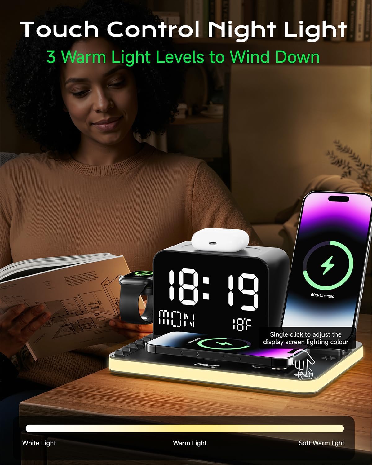 acer 7-in-1 Wireless Charging Station: Charger Stand for Multiple Devices for Apple - iPhone 16 15 14 13 12 Pro Max Apple Watch Airpods, Wireless Charger iPhone Charging Station with Bluetooth TimeSyn