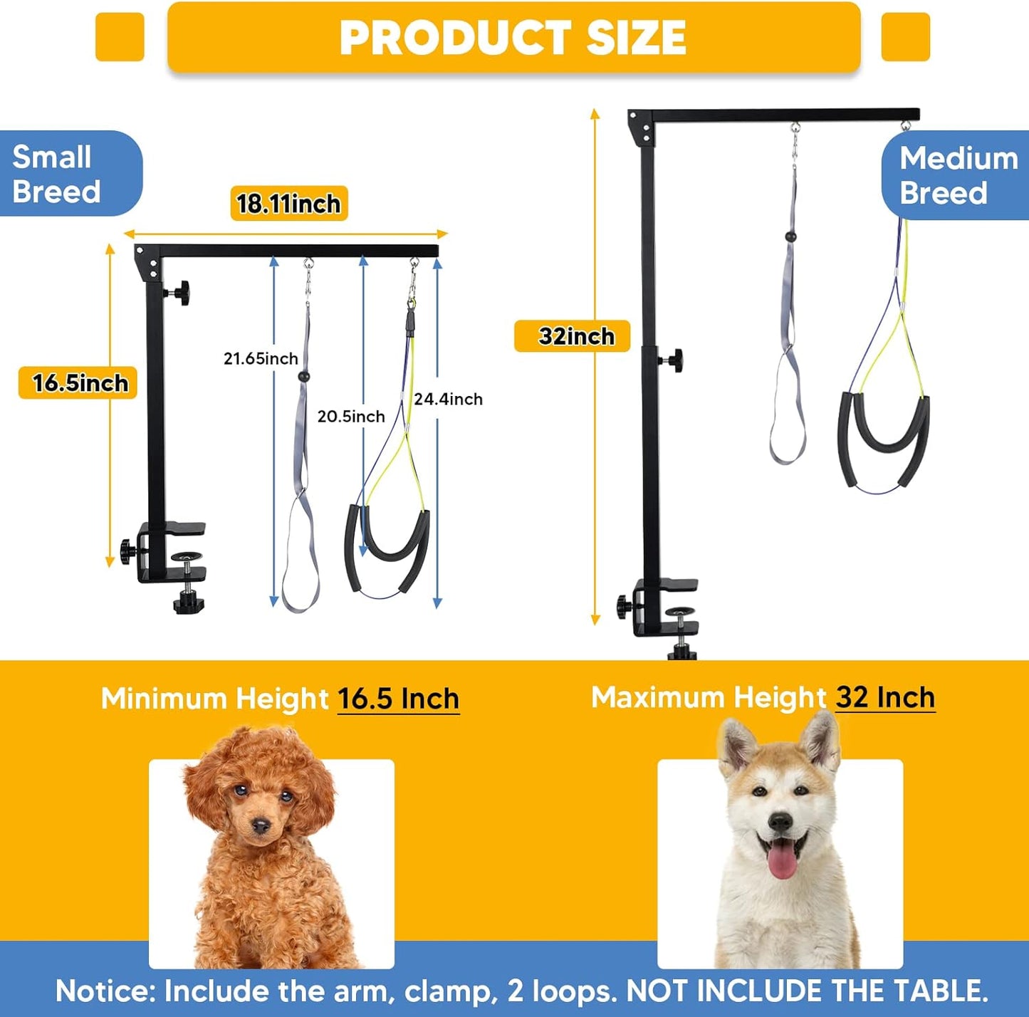 Adjustable Dog Grooming Arms with Anti-Slip Powerful Metal Clamp,Portable Pet Grooming Arm for Table with 1 Loop Noose & Two No Sit Haunch Holder,Grooming Restraint for Small Medium Dogs/Cats at Home