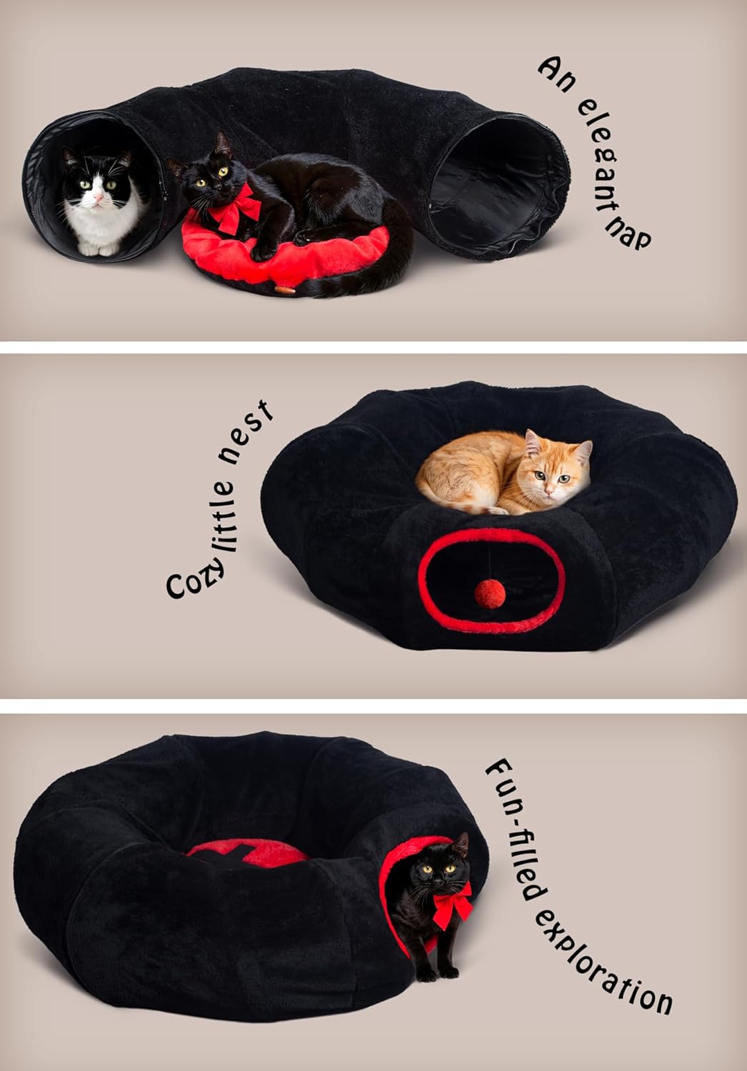 Gothic Cat Bed, Coffin Cat Tunnel House with Washable Cushion, Fits Indoor Cats up to 25 lbs, Cute Peekaboo Cave Pet Bed for Kittens, Rabbits, Halloween Goth Design, Black Red