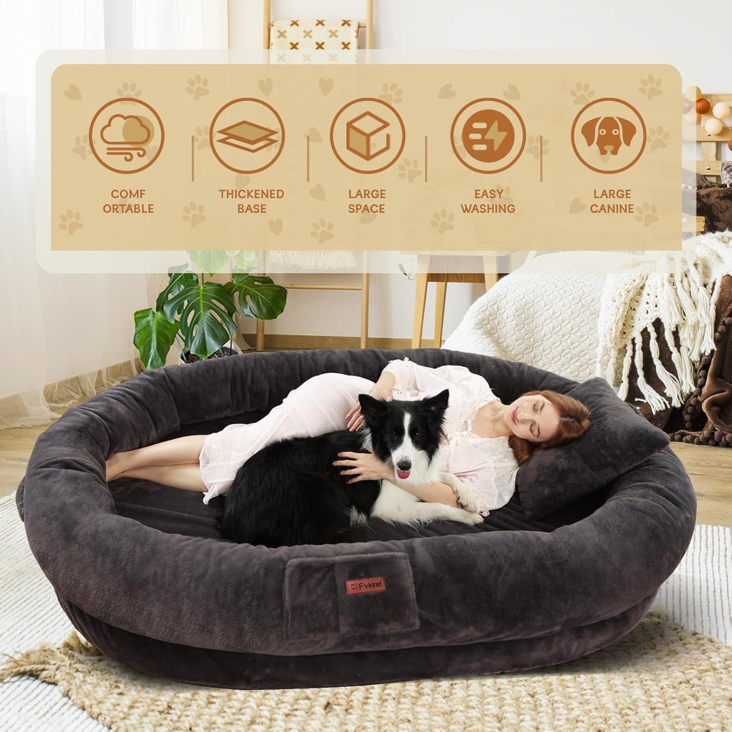 Human Dog Bed for Adults, 73"x56"x12" Washable Orthopedic Size, Faux Fur Removable, Cozy Large Present with Blanket and Pillow, Dark Grey