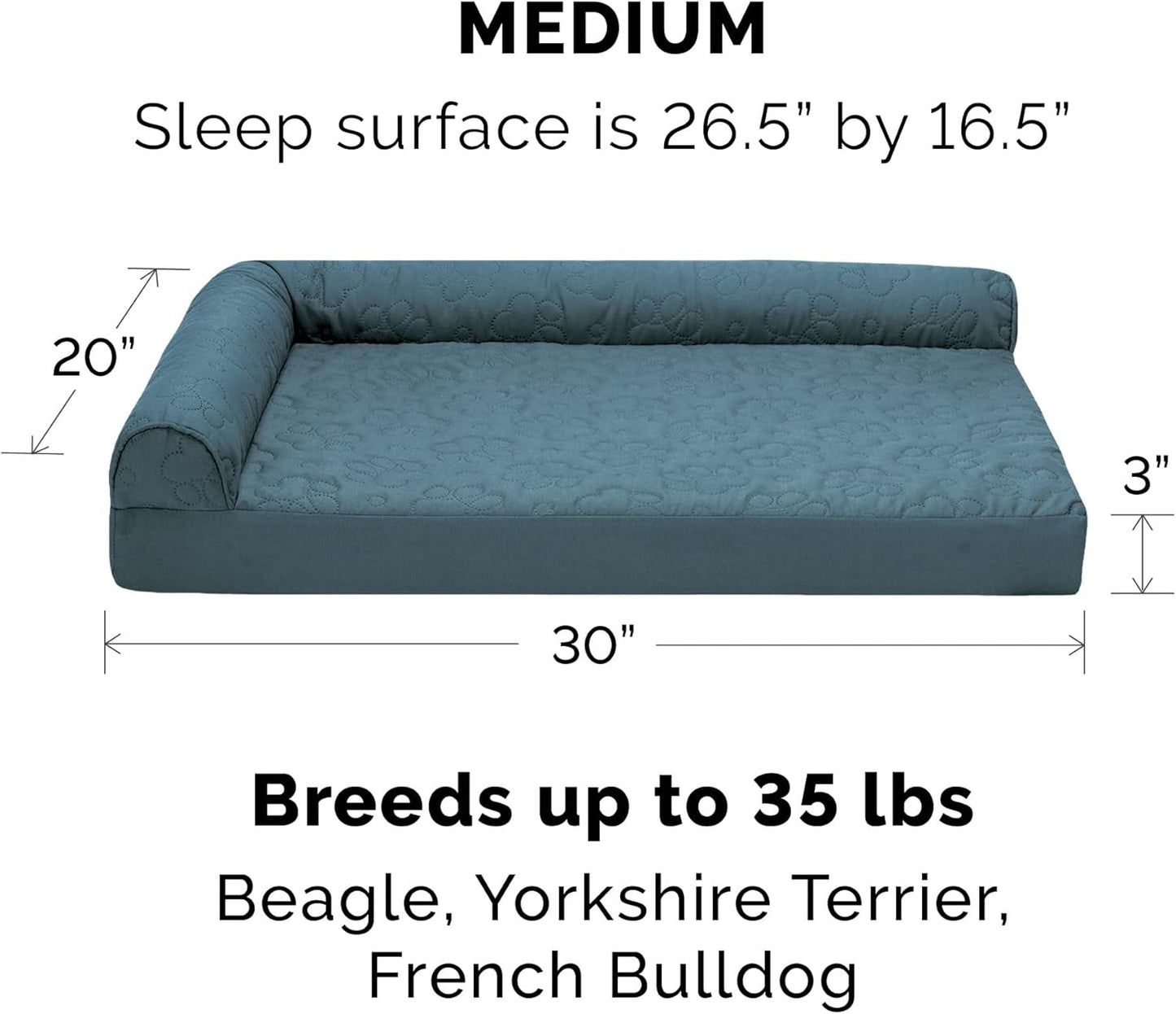 Furhaven Memory Foam Dog Bed for Medium/Small Dogs w/ Removable Bolsters & Washable Cover, For Dogs Up to 35 lbs - Pinsonic Quilted Paw L Shaped Chaise - Bluestone, Medium