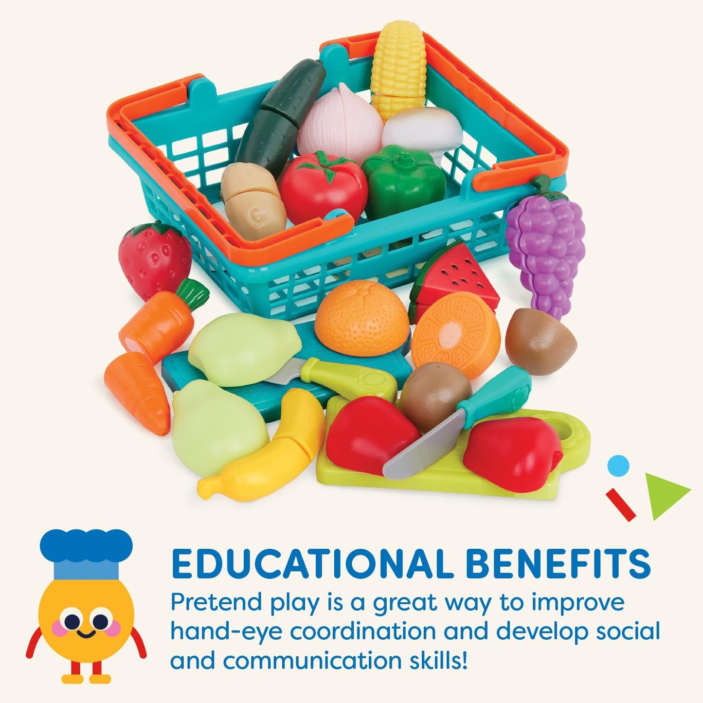 Battat – Play Food for Toddlers with Farmers Market Basket and Chopping Board, Toy Food for Kids Kitchen and Pretend Play for 3+ Years (37 Pieces)