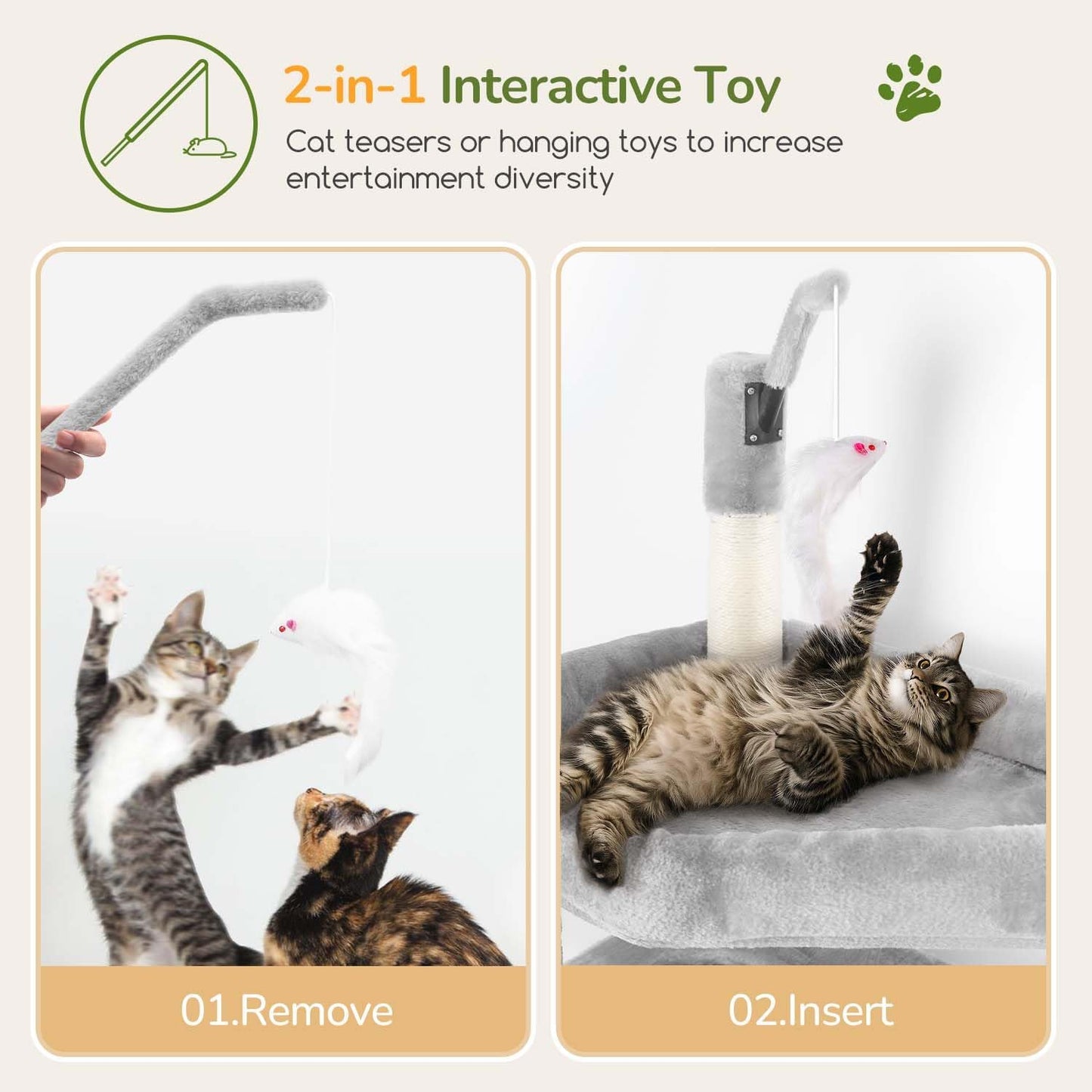 Globlazer Cat Tree for Indoor Cats Large Adult, 74in Tall Cat Tower with Scratching Post, Heavy Duty Cat Tree Tower with 2 Spacious Caves, Oversized Top Perch, Big Hanging Basket, F74B, Light Grey