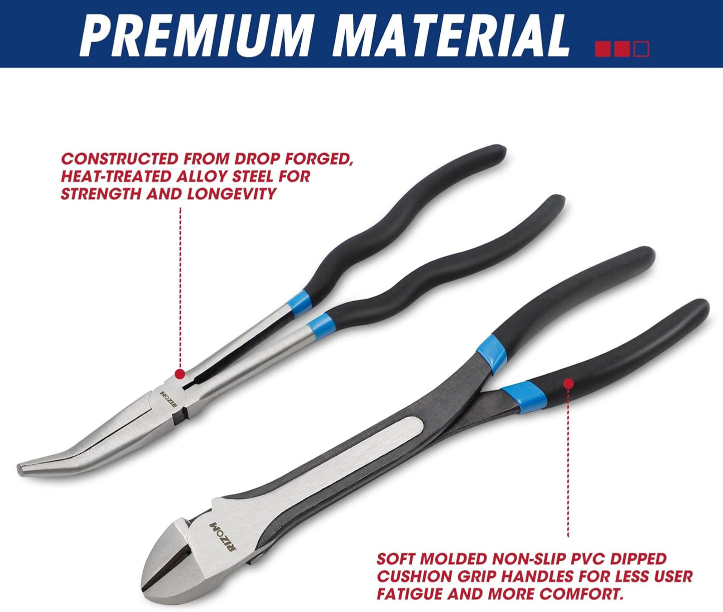 RIZOM 5-Piece 11 Inch Long Needle Nose Pliers Set, Extra Long Reach Pliers Set, 45°&90° Bent Needle Nose Pliers, Circle Nose and Diagonal Pliers for Narrow Spaces and Limited Areas