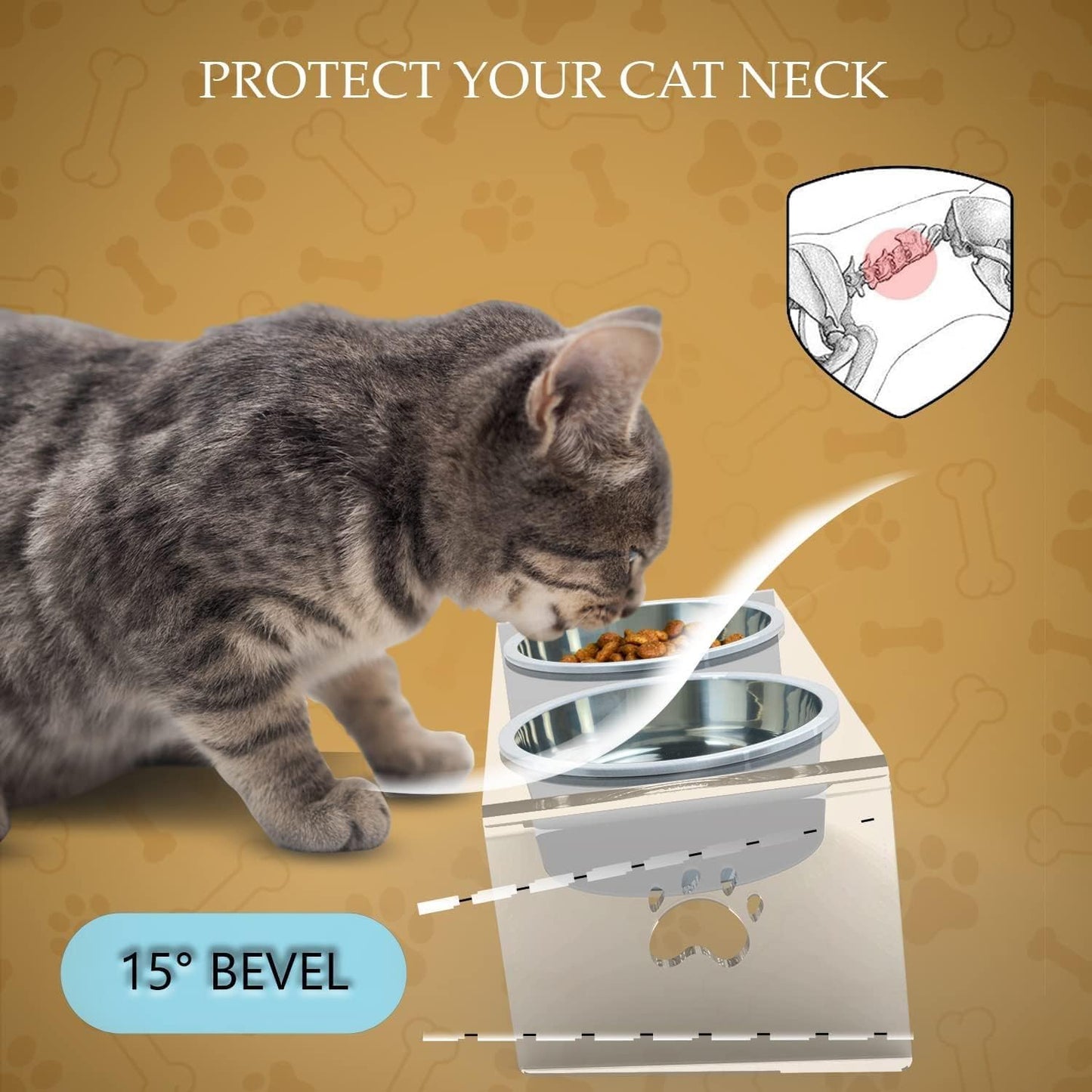 Raised Cat & Dog Bowl, Elevated Pet Feeding Station with 15 Tilted Neck Protective Acrylic Stand, Double Stainless Steel Bowls, for Small, Medium, Large Cats & Dogs