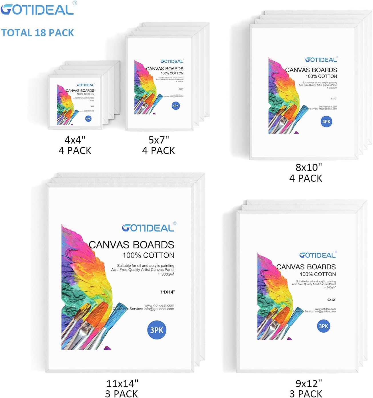 GOTIDEAL Canvas for Painting -18 Pack, Multi Pack 4x4, 5x7, 8x10, 9x12,11x14 Canvas Boards for Painting, Primed White Blank Artist Canvas Variety Pack for Acrylic, Oil Paint, Watercolor, Gouache
