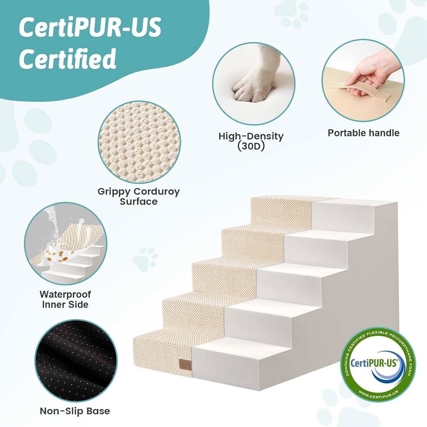 Dog Stairs for Small Dogs 17.7" H, 5-Step Gentle Incline Pet Step for Couch and Beds, Right-Angle Dog Ramp for Puppy Doggie Senior Cats, 17.7x29.5x17.7 Inch, Beige
