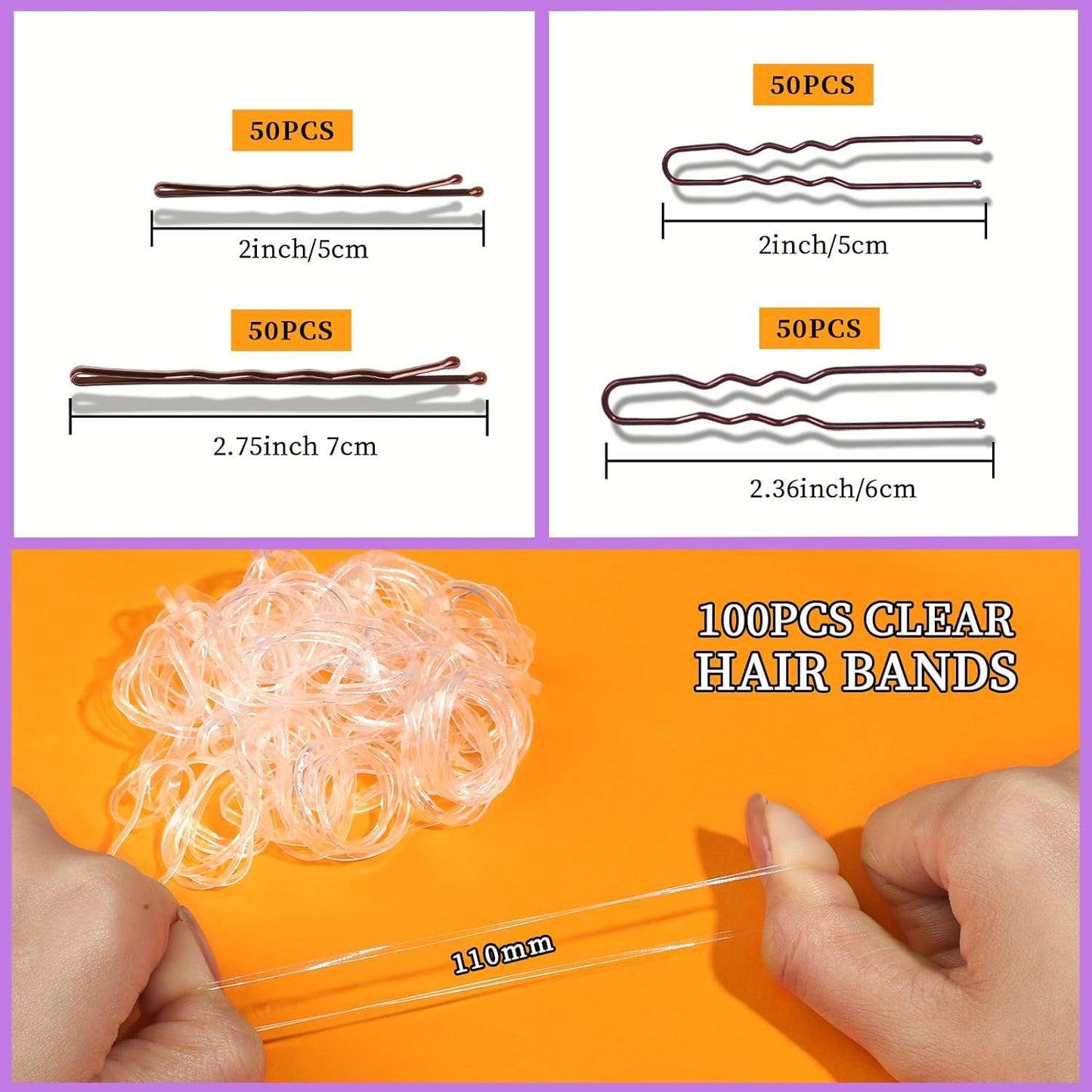 Teenitor 300pcs Bobby Pins Hair Pins Kit, 100 Hair Pin for Women 100 Bobby Pins Brown and 100 Hair Bands, Hair Pins for Buns 2inch 2.36inch 2.75inch