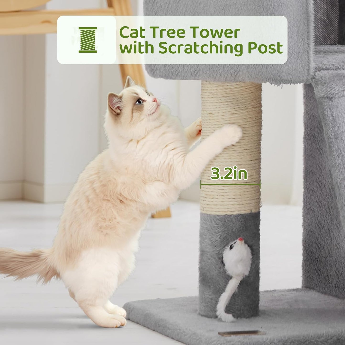 24inch Tall Cat Tree with 2 Cat Condo and Mouse Toy Cozy Small Cat Tower with Scratching Post and Board for Kitties and Small Cats.（Light Grey） (22 * 13 * 28)
