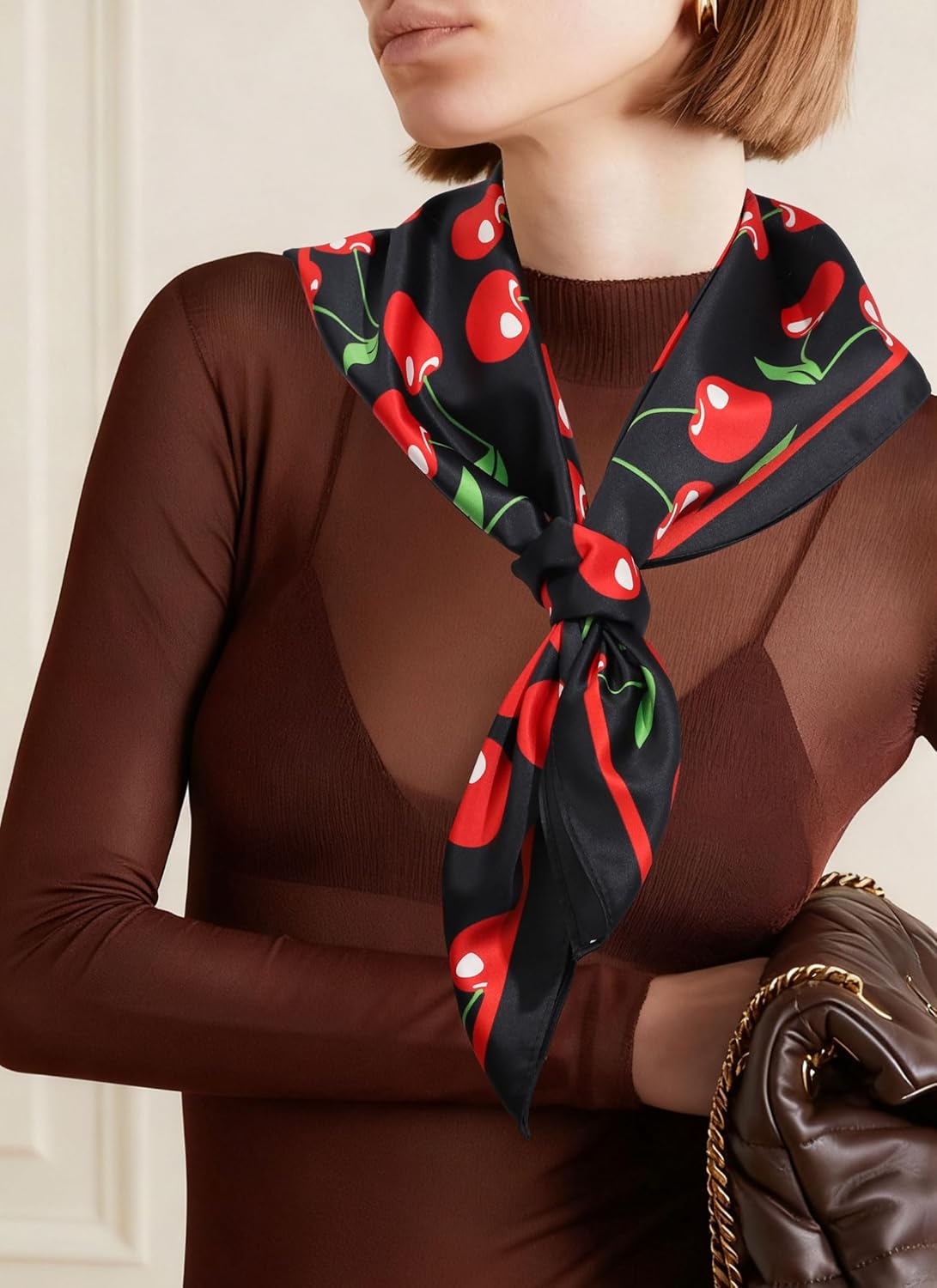 CHLINS 27.5” Cherry Square Head Scarf Hair Scarf for Women's Hair Silk Bandana Head Wrap for Sleeping & Handbags Accessories
