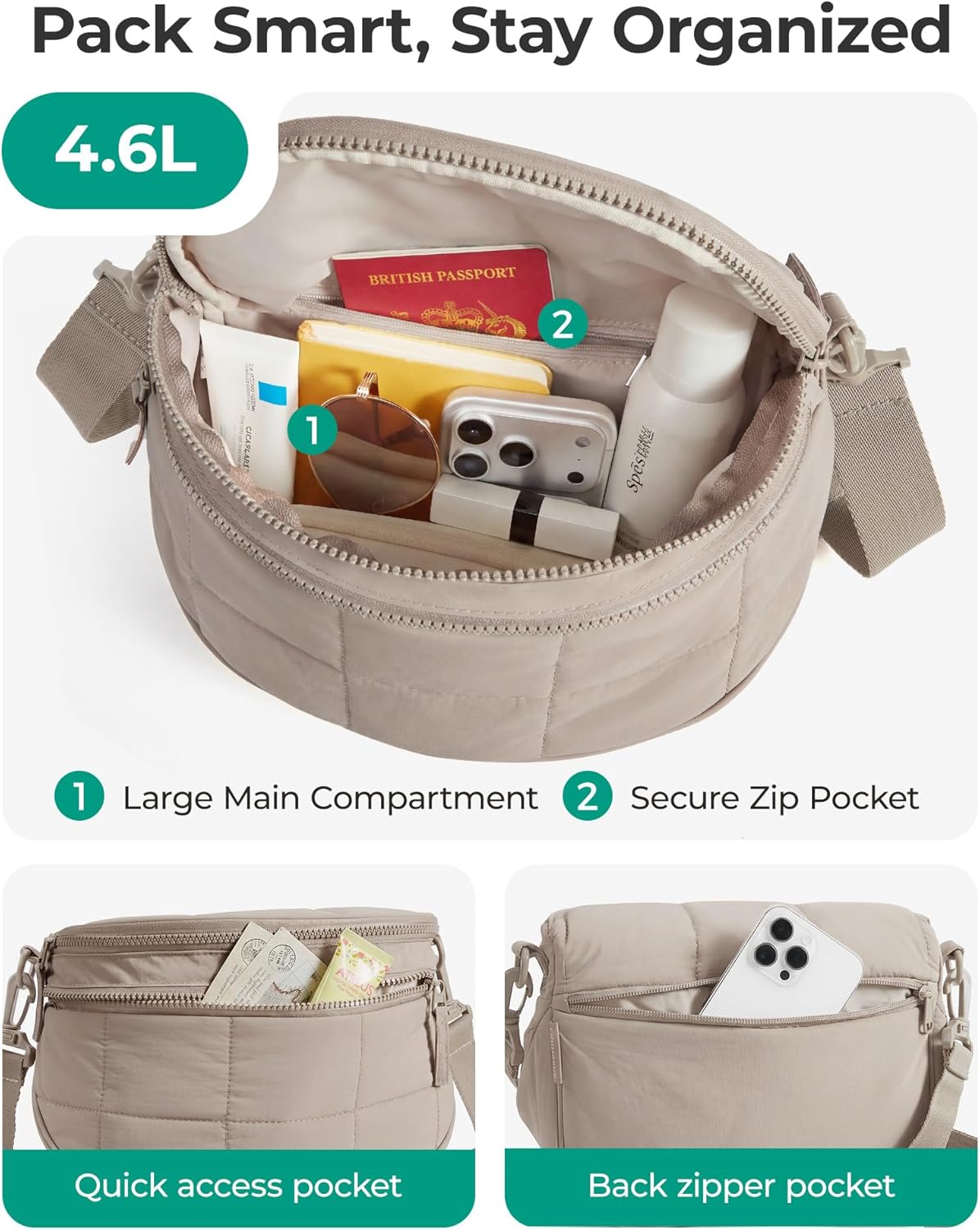 BAGSMART Small Crossbody Bags for Women, Puffer Cute Bum Bag with Pouch, Quilted Purse for Daily Travel College, Chocolate | 4.6L compact size, structured bum bag, 2-in-1 set, small yet spacious, mom bag