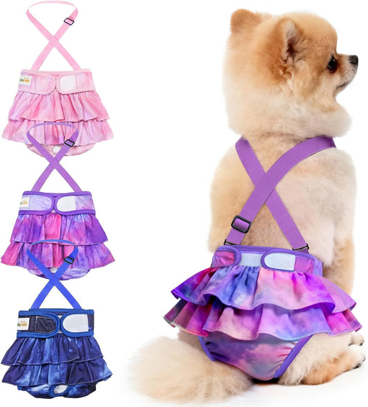 Idepet Female Dog Diapers with Suspender Detachable, 3 Pack Tie Dye Washable Reusable Girl Doggie Diapers Skirts for Small Medium Female Dog in Heat Period Cycle Urinary Incontinence Training S