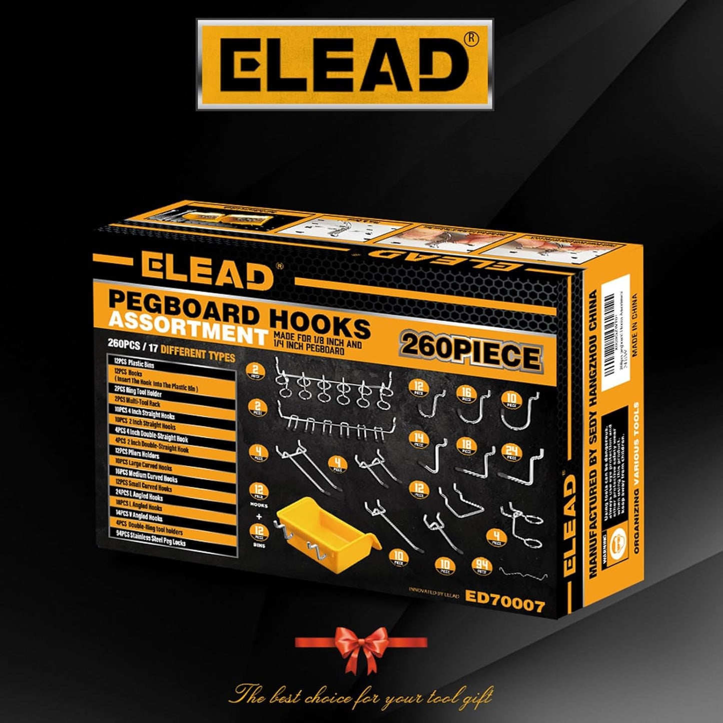 ELEAD 260 Piece Pegboard Hooks 1/8 and 1/4 inch Peg Board Organizer Accessories with Pegboard Bins for Organizing Various Tools in The Garage, Workshop & Craft Room