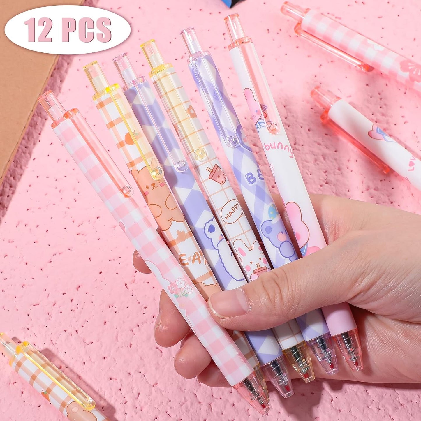 Qualirey 12 Pcs Kawaii Gel Ink Pen 0.5 mm Black Ink Kawaii Pens Retractable Fine Ballpoint Pen Stylish School Supplies for Boys Office Girls Stationery Supplies Gift(Blossomy)