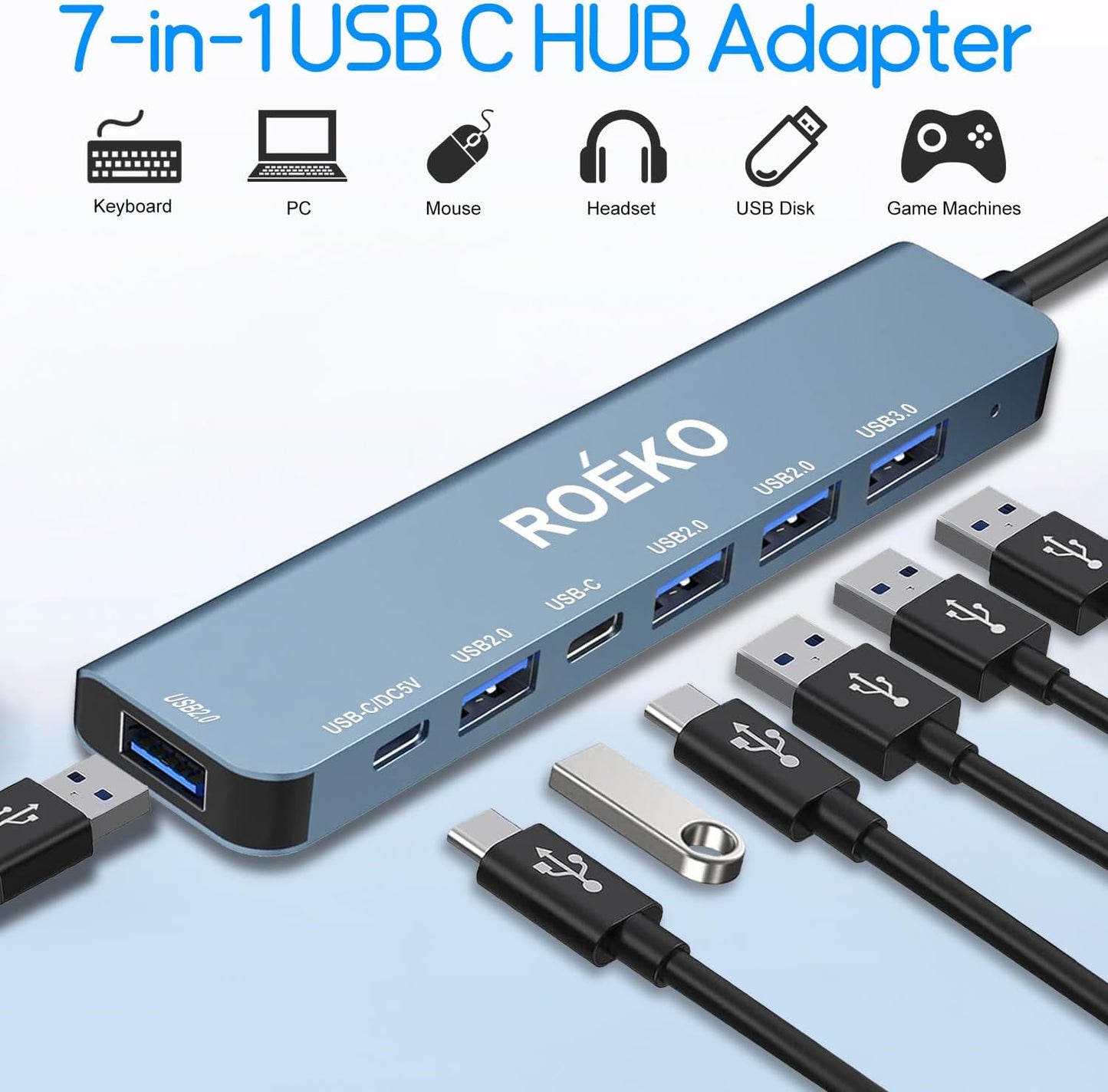 USB Hub 3.0,USB c hub,USB hub with Multiport Adapter, USB Splitter with 1xUSB 3.0,4xUSB2.0,2 x USB C,Hub for MacBook Pro/PC/Laptop/Tablet Devices (Grey 7in1)