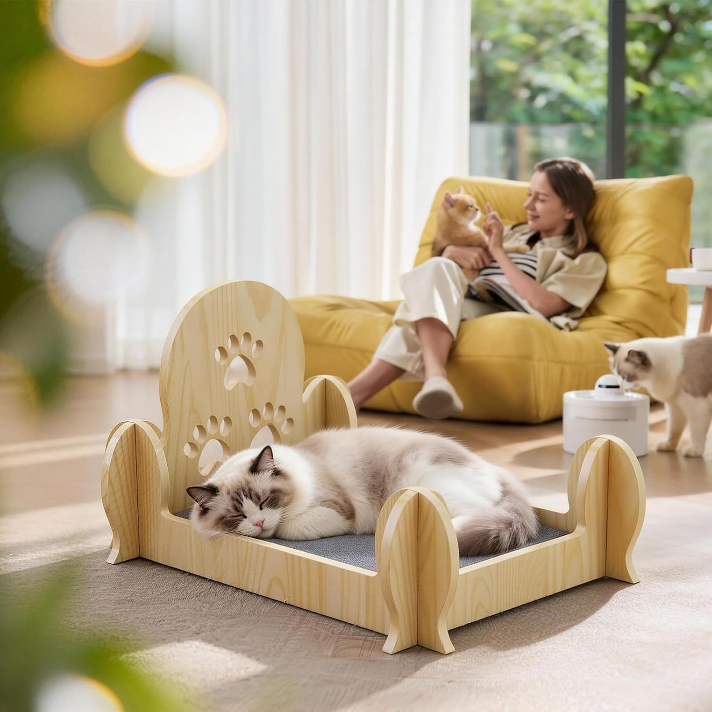 Solid Wooden Cactus Cat Bed with Paw Print Carvings, Space-Saving for Small Apartments, Studios & Rental Homes, Cute Decorative Cat Furniture for Indoor Cats & Kittens