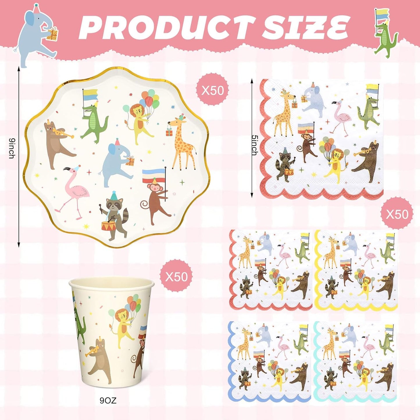 150 Pcs Animal Parade Party Supplies Paper Plates and Napkins Cups Cute Disposable Animal Parade Tableware Set for Birthday Party Decorations, Serve 50 Guests