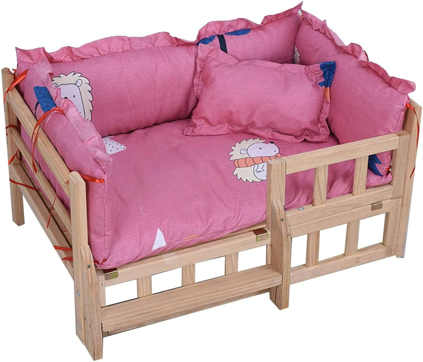 TsoLay Dog Bed Pet Dogs Bed Wooden Pet Bed Elevated Dog Bed Cats Cot with Stairs Guardrail Removable Frame Soft Washable Mattress Four Seasons Use for Dogs Pet Cat