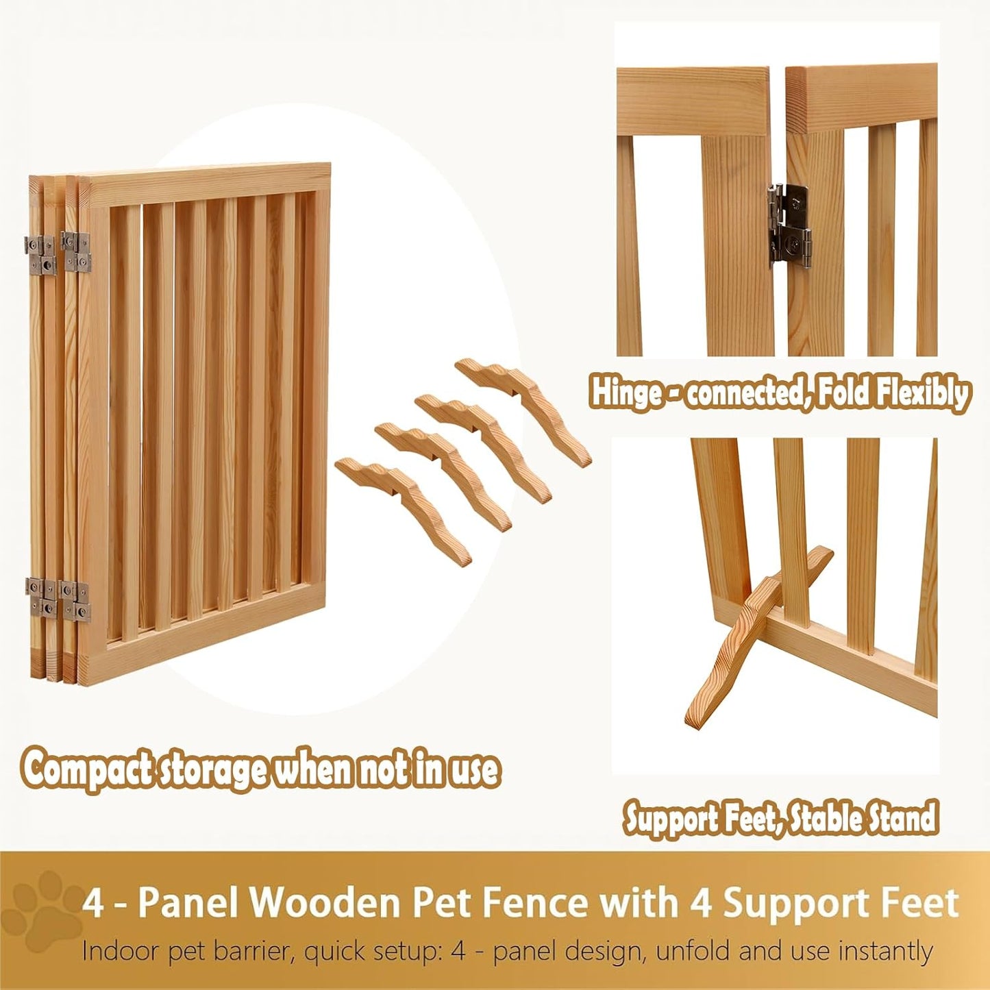 Wooden Foldable Dog Gate Pet Dog Fence for House Stairs Hallways Doorways, Freestanding 4 Panels Puppy Safety Gate 80.9 Inch Wide 23.6 Inch Height Indoor Brown