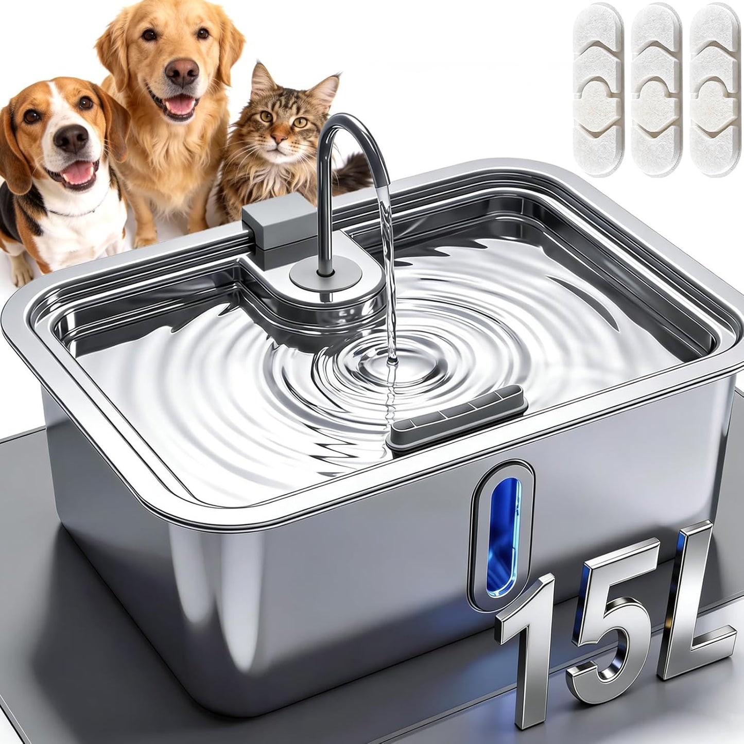 15L/3.96Gal Extra Large Dog Water Fountain Bowl with Visual Alert, Pet Feeding Mat and 3 Filters Kit, Automatic Water Dispenser for Dogs Cats