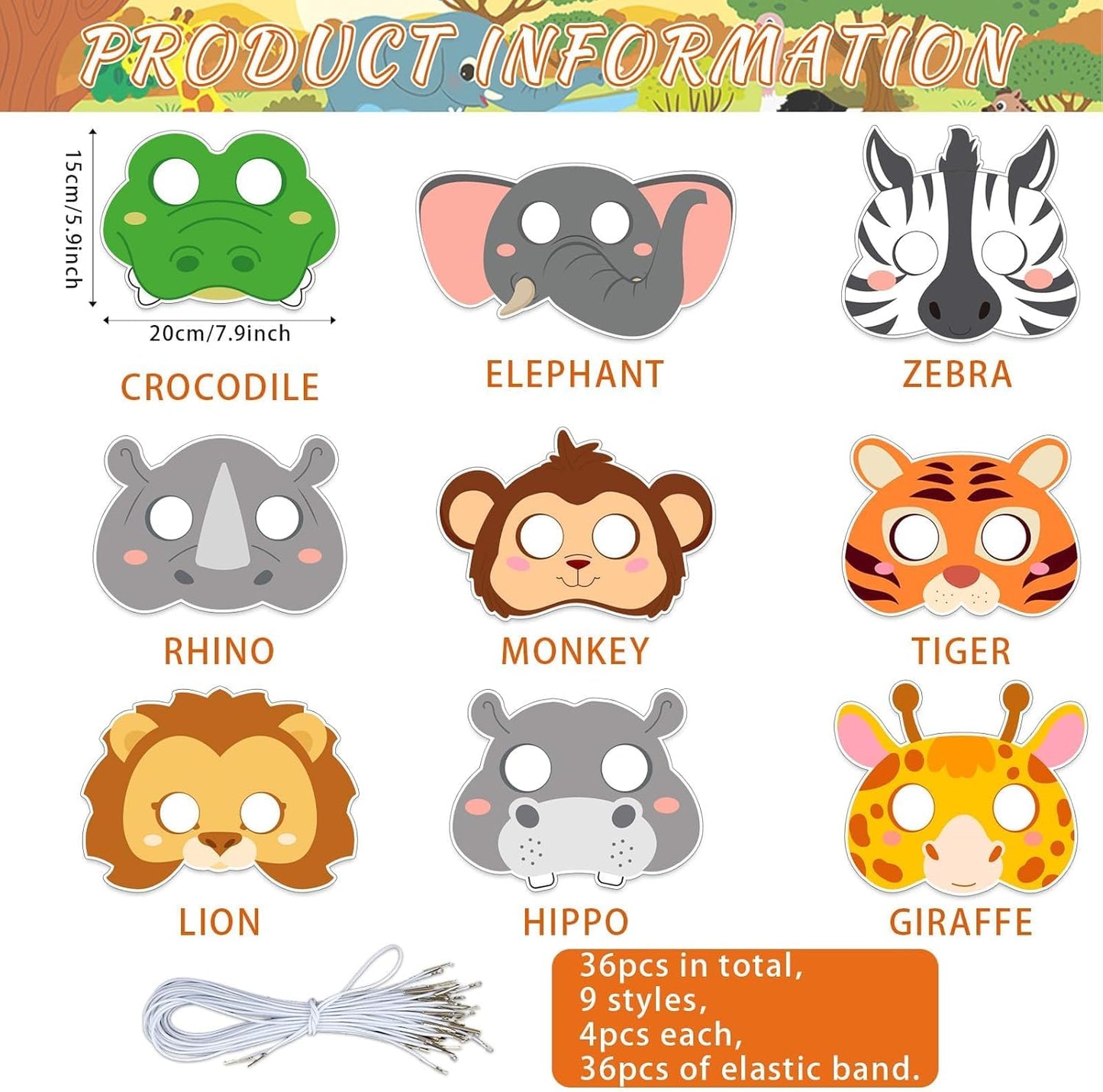 36 Set Animal Coloring Mask Jungle Paper Arts Crafts Kids Color Your Own Wild Lion Blank DIY Mask Masquerade Birthday Party Dress-Up Decoration Favor School Classroom Activity Game Supplies