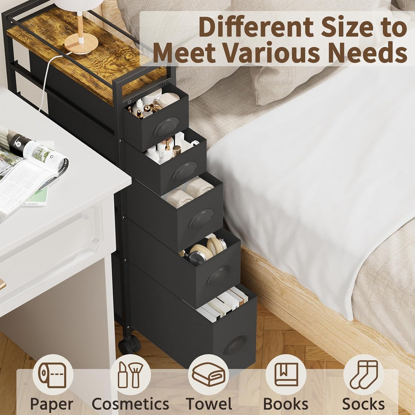LASZOLA 5 Drawer Narrow Dresser Slim Cabinet Skinny Storage Tower Chest, Ideal for Small Spaces Bathroom Bedroom, Between Washer and Dryer, Lightweight Mobile on Wheels, Sturdy Fabric Drawers, Black