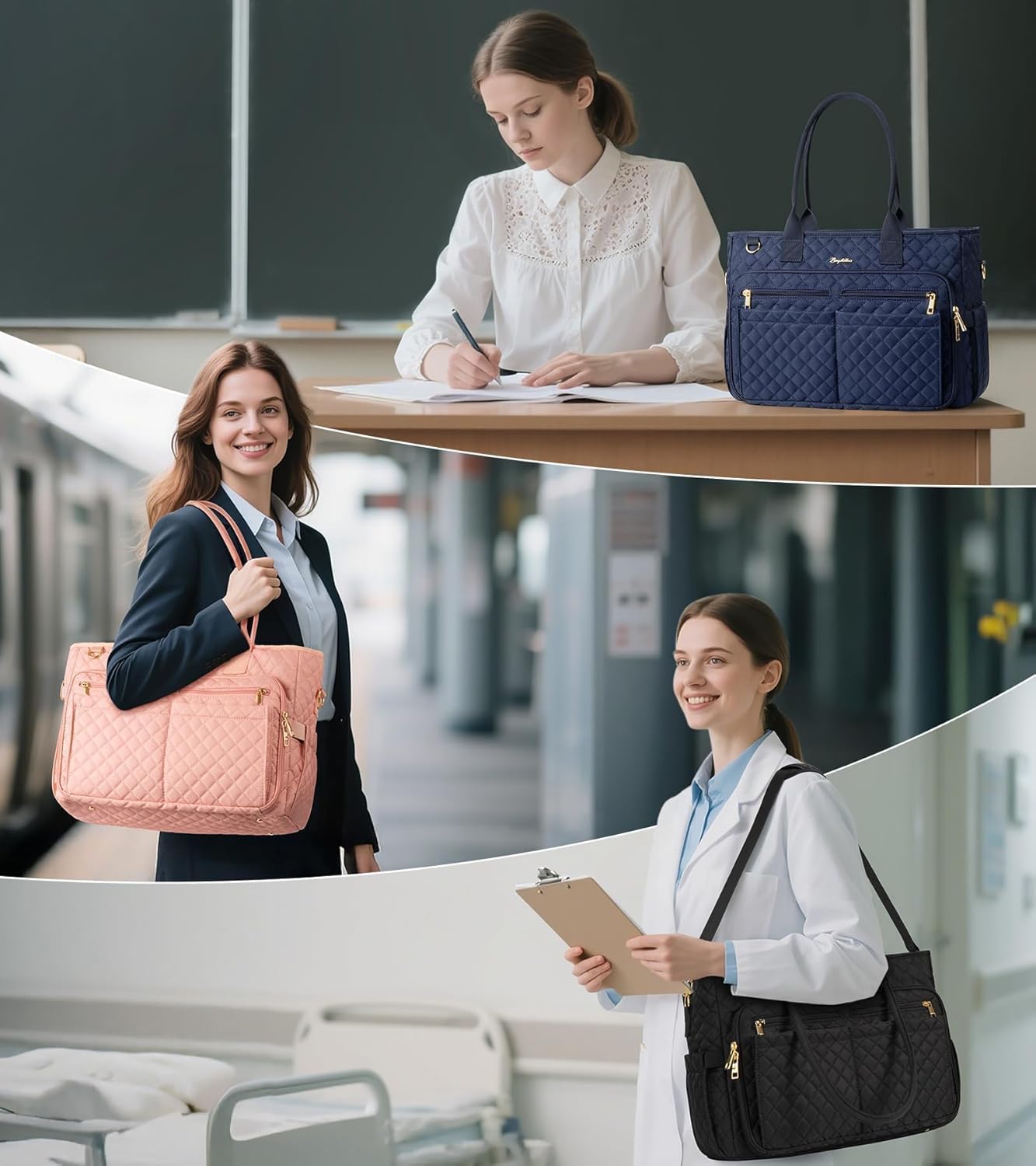 Teacher Bags for Women, 15.6 inch Laptop Work Tote Bag Quilted Nurse Bible Computer Shoulder Bag for School Travel | Dream Tote Work Bag, with 40oz Cup Holder, Insulated Pocket, Zipper & Strap, Office Briefcase, Ideal Gift for Women
