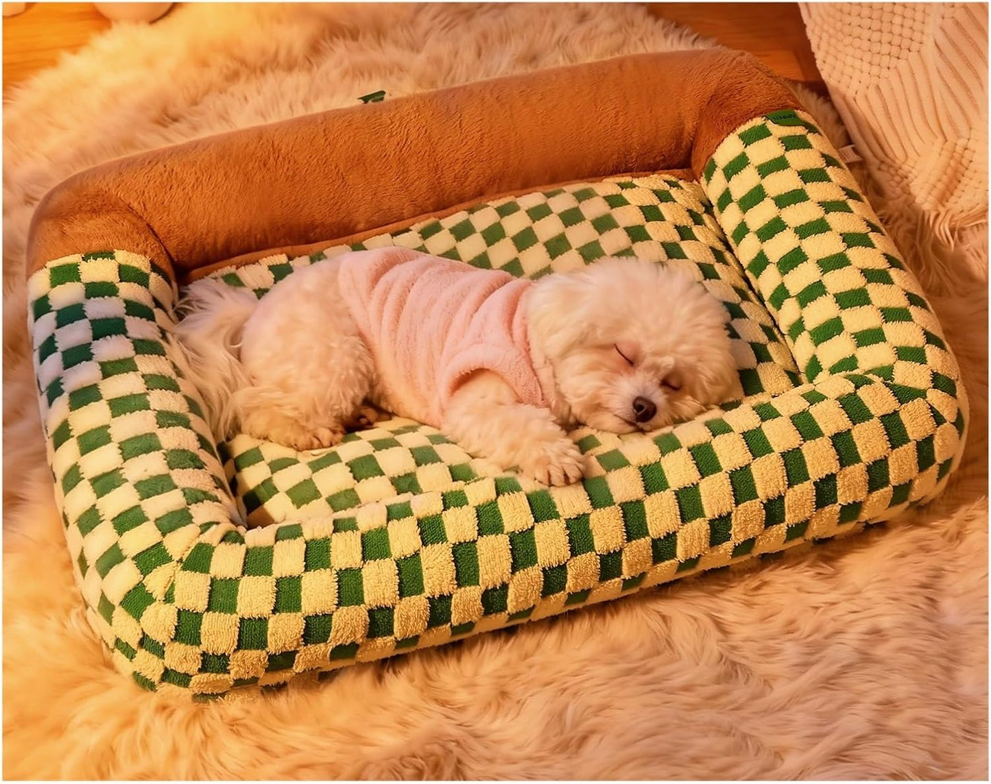 Checkerboard Square nest Soft Large pet Bed deep Sleep cat Kennel Winter Warm mat(Green,Small)