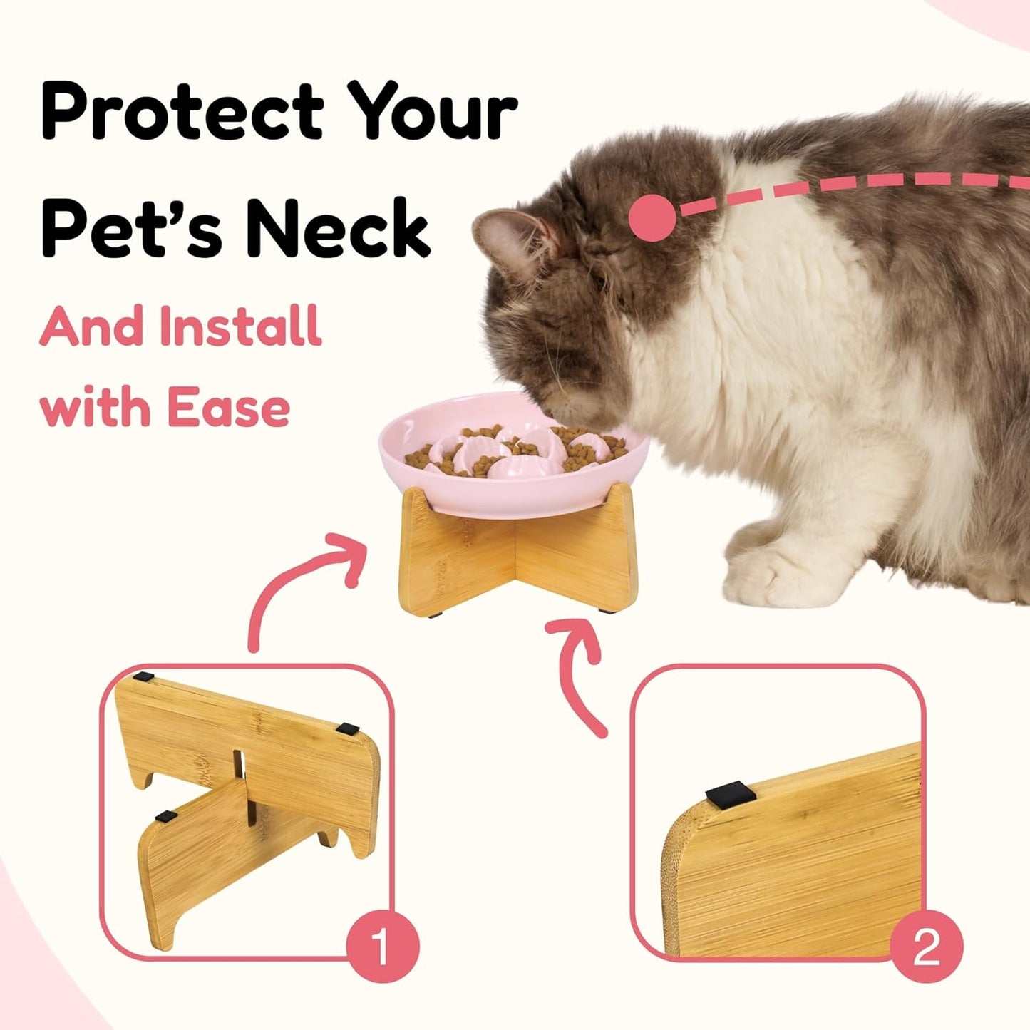 Slow Feeder Cat Bowl with Stand - Unbreakable Elevated Slow Feeder Bowl for Cats - Melamine Puzzle Raised Cat Food Bowl - Whisker Friendly & Wet & Dry Food- Dishwasher Safe & Non Slip (Pink