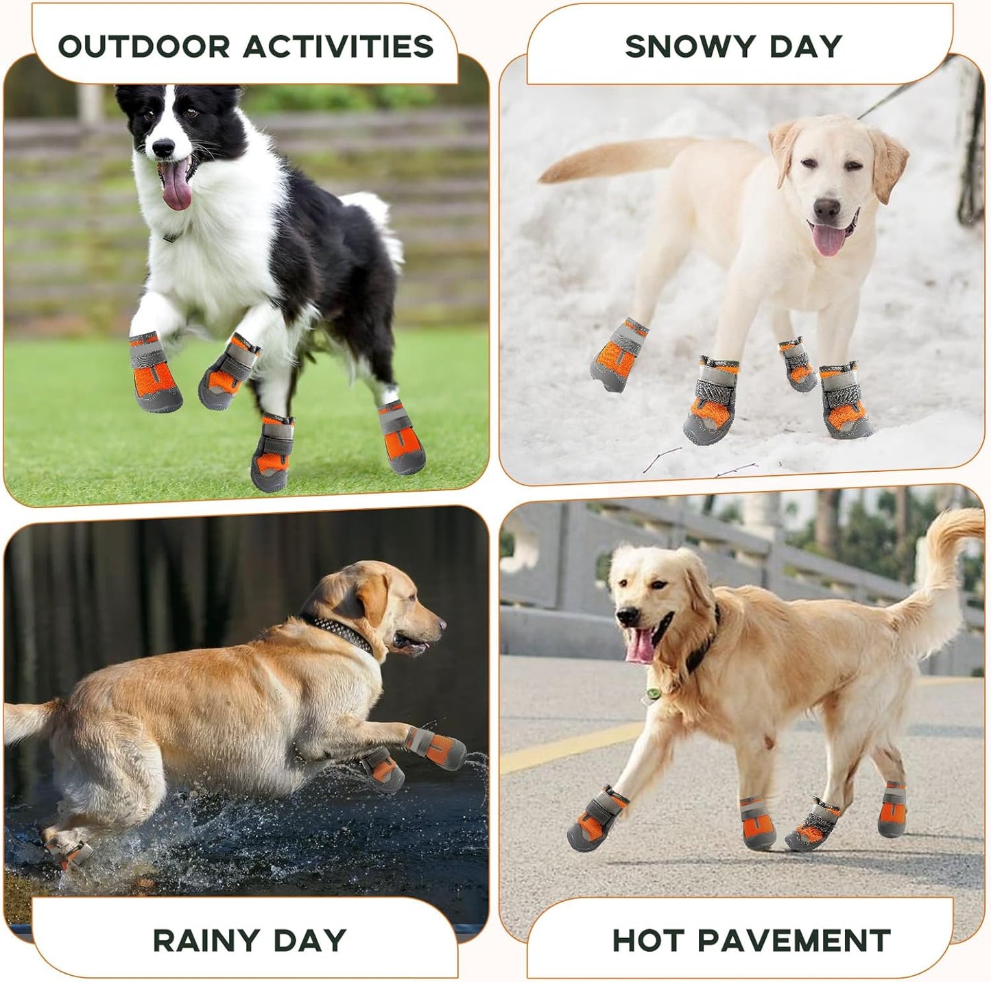Dog Booties,Waterproof Dog Shoes for Large Medium Small Dogs,Suitable for Summer Hot Pavement,Adjustable Non-Slip Rubber Paw Protector (Orange, #8 (Width 3.0 inch) for 74-91 lbs)