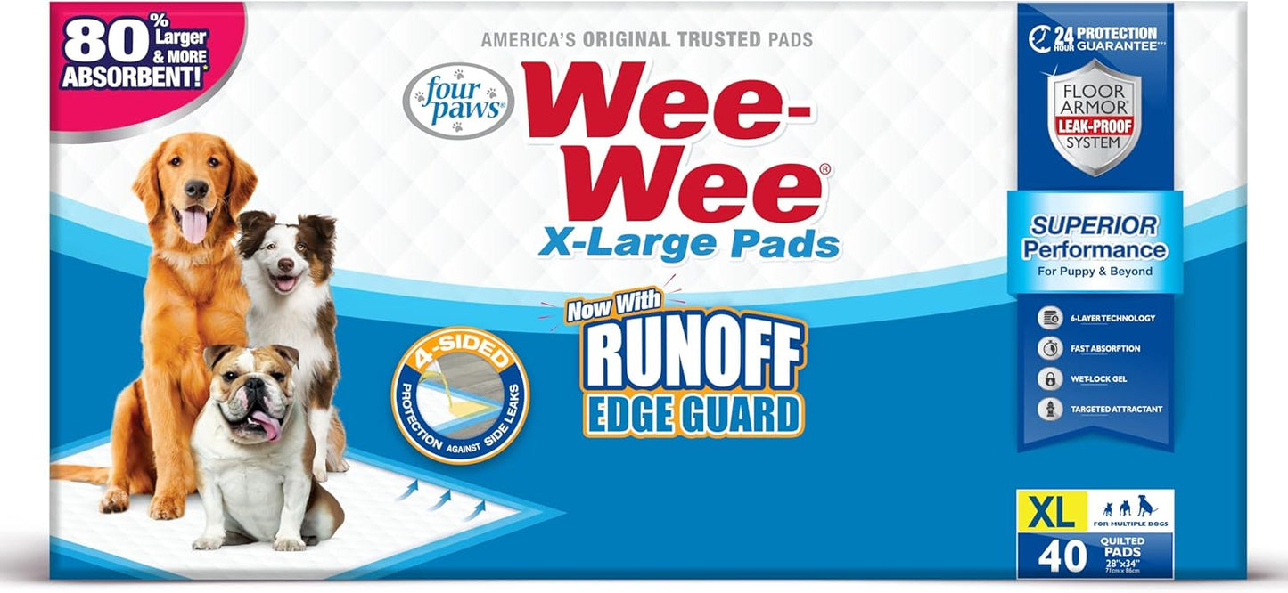 Four Paws Wee-Wee Superior Performance Unscented Extra-Large Pee Pads for Dogs & Puppies, Quilted Leak-Proof Dog Housebreaking Potty Training Floor Protection, 28" x 34", 200 Count