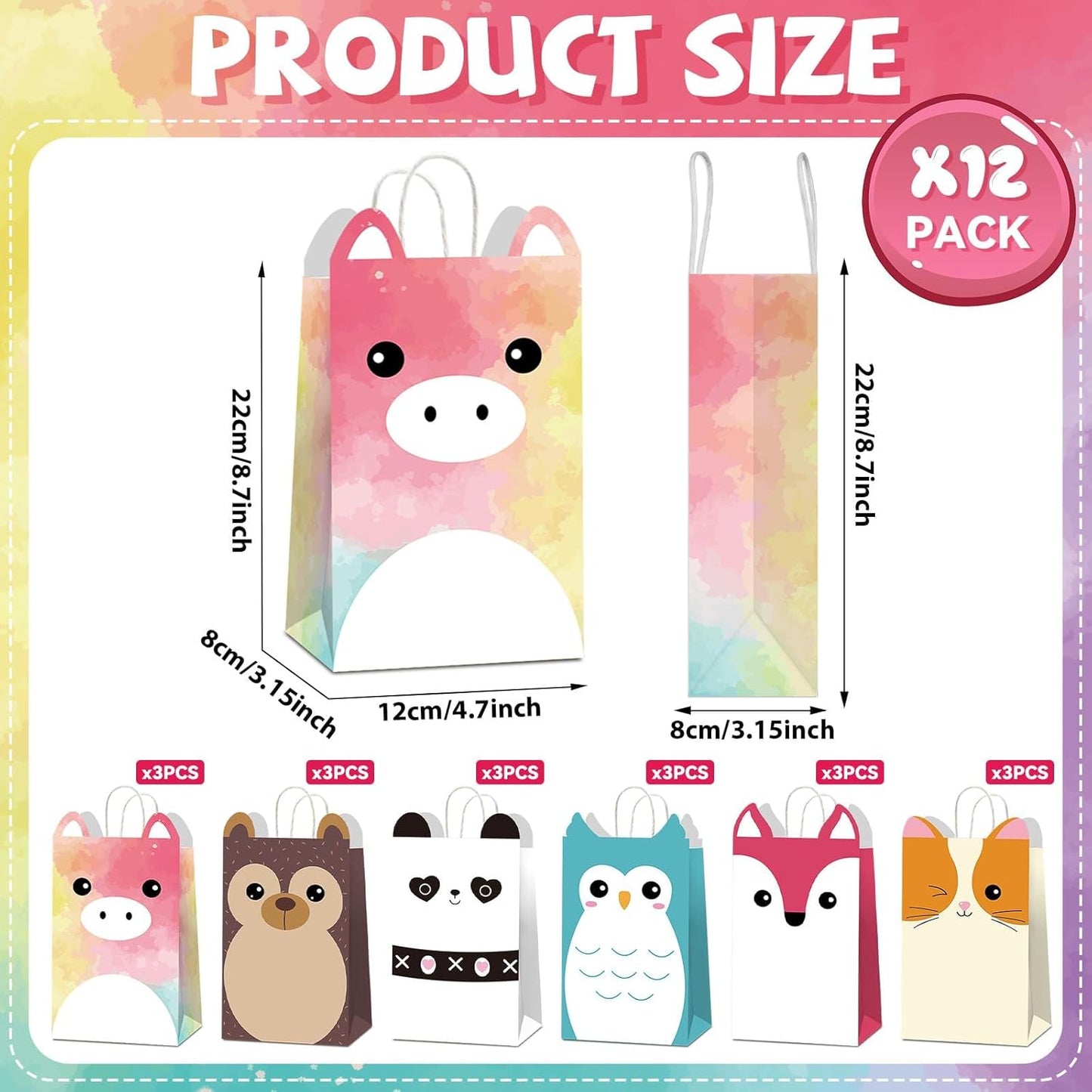 12 PCS Cute Animals Theme Party Favor Bags with Handles Squish Kawaii Animal Birthday Gift Bags Goodie Paper Bag Squish Animals Party Favors for Kids Birthday Parties Supplies Baby Shower Decorations